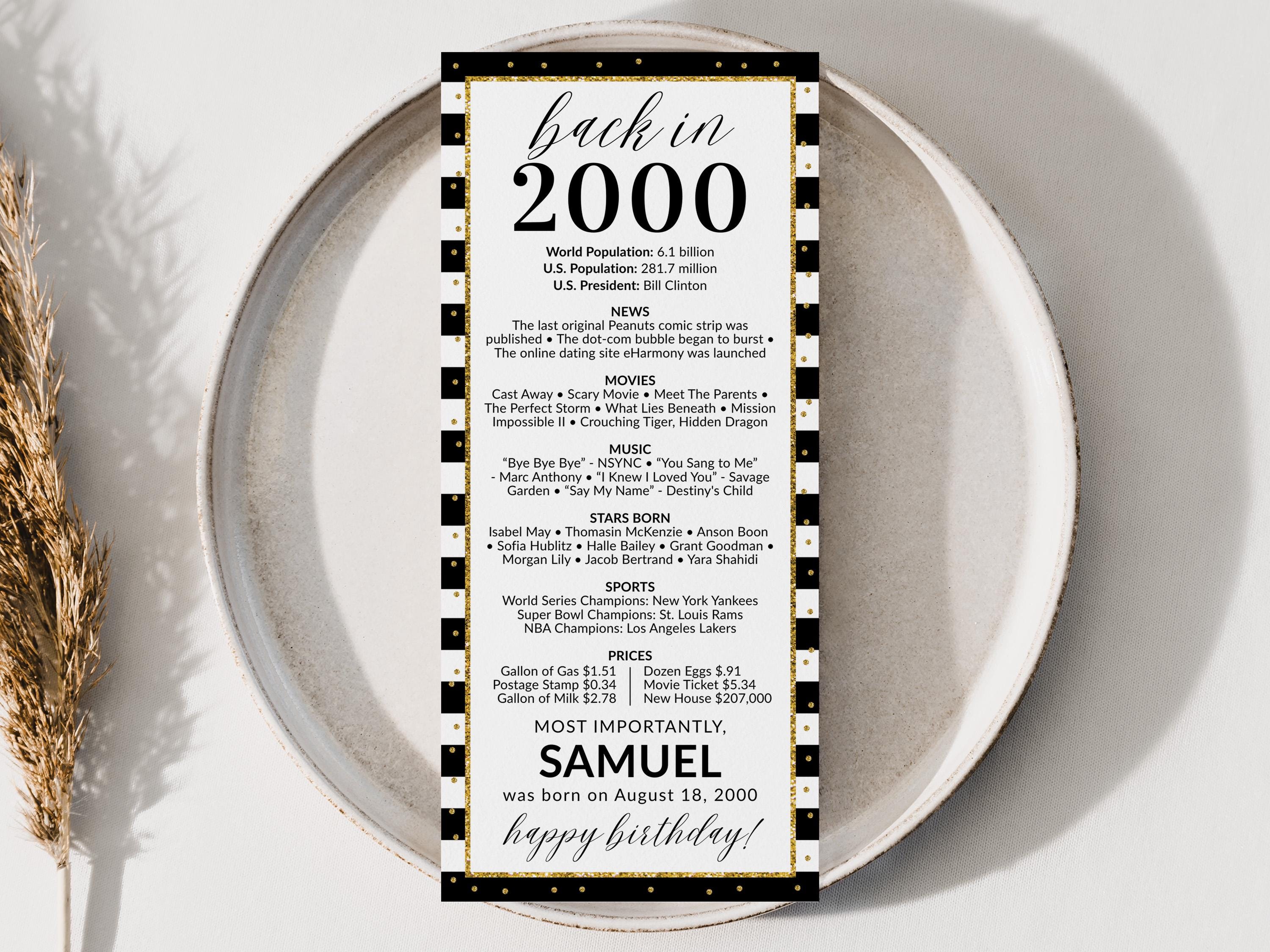 back in 2000 25th Birthday Place Cards