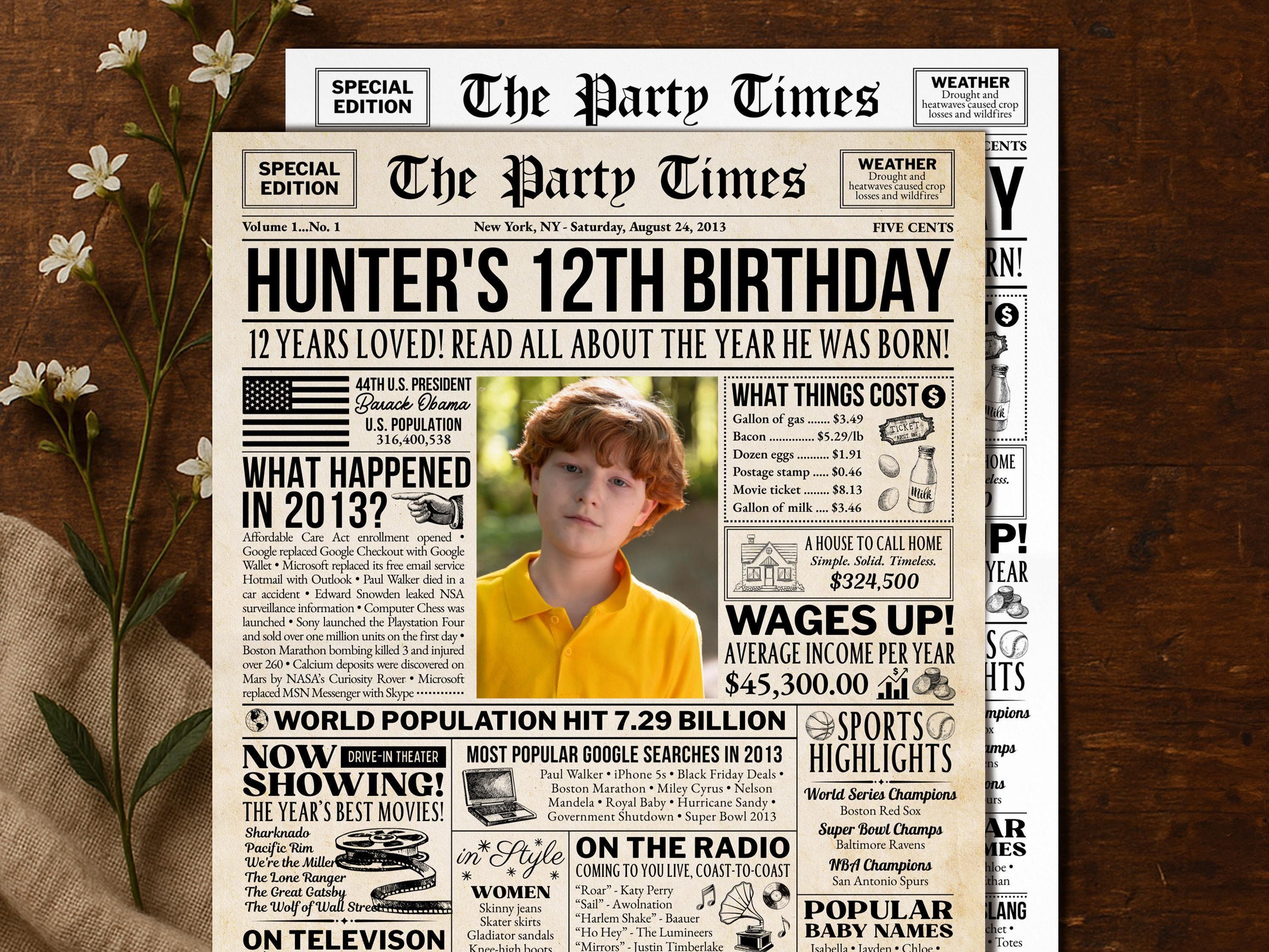 12th Birthday Gift Back in 2013 Newspaper Poster, 2013 Birth Year Fun Facts Sign, Preteen Party Decoration Printable, Edit With Canva