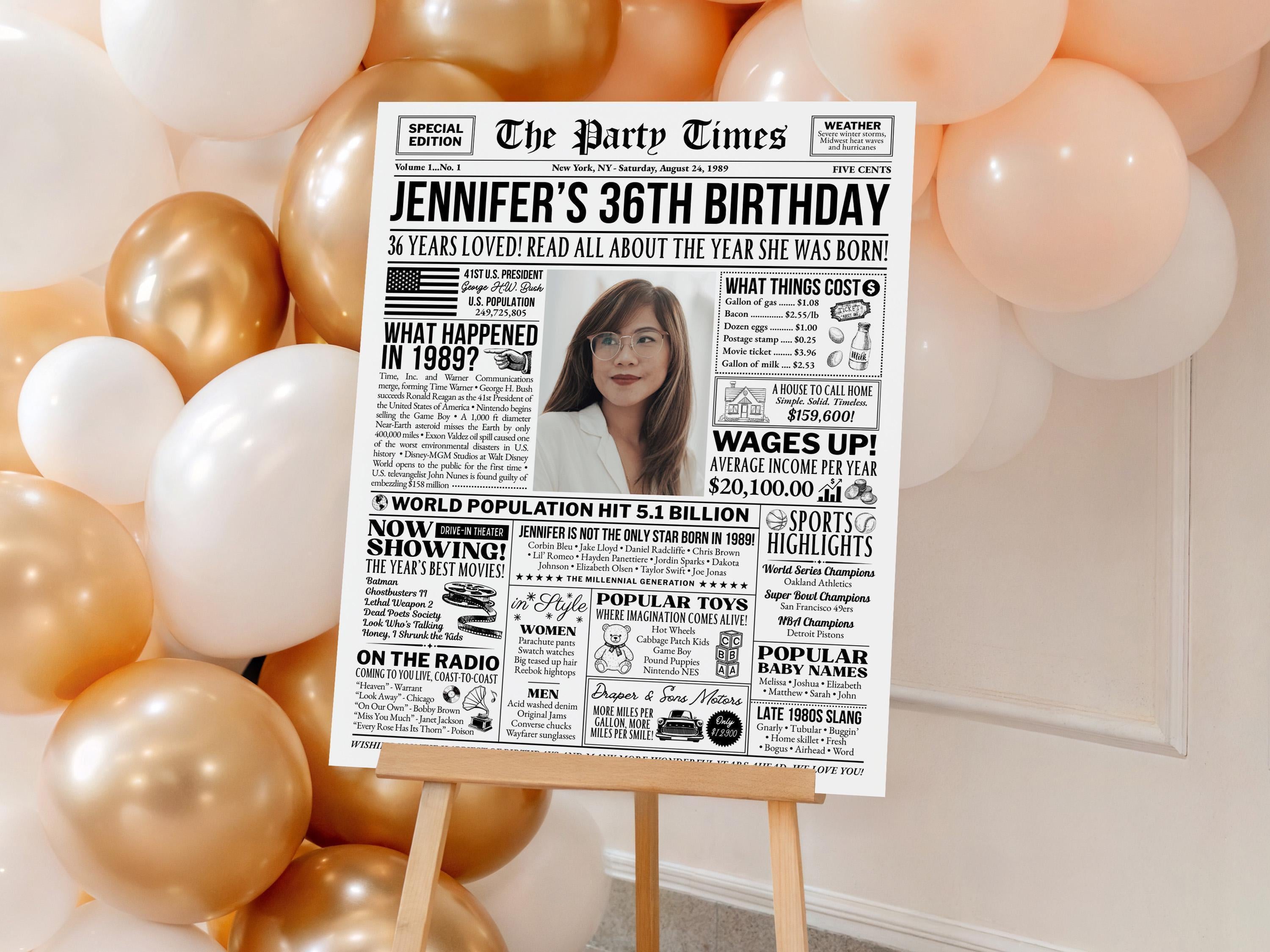 36th Birthday Gift, Born In 1989 Newspaper Poster, Editable Vintage Retro Birthday Welcome Sign, Year You Were Born Trivia, Edit With Canva