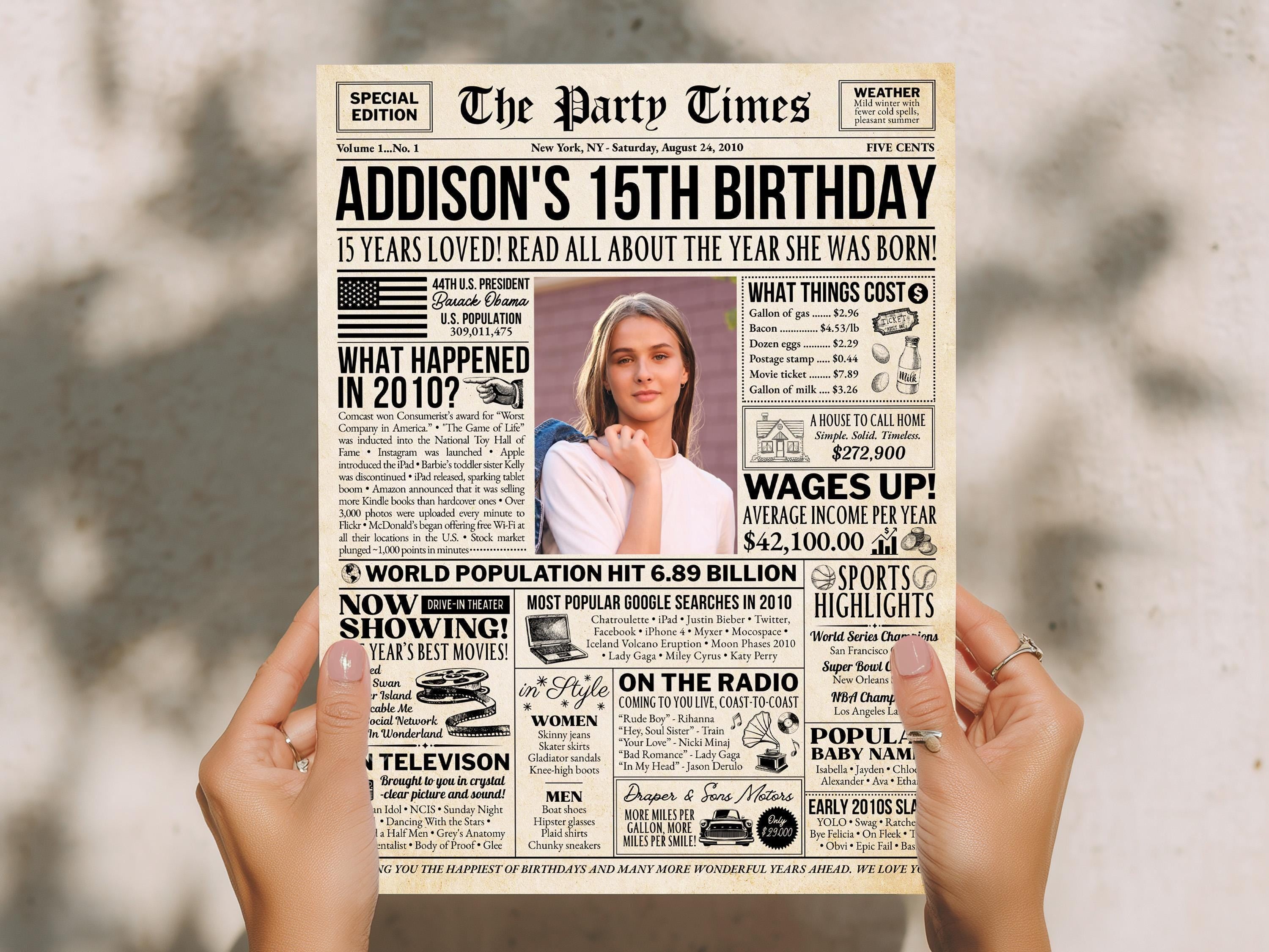 15th Birthday Gift, Back in 2010 Newspaper Poster, Editable 15 Years Ago Trivia, Personalized Teenage Girl Or Boy Gift, Edit With Canva