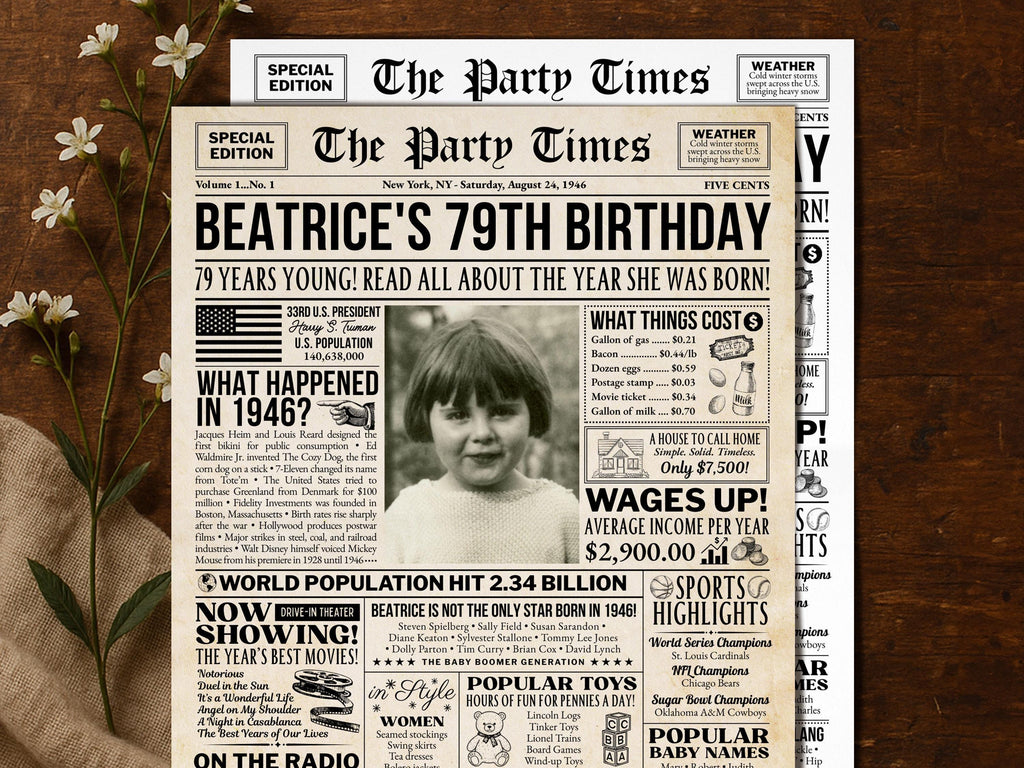 79th Birthday Welcome Celebration Sign, Back in 1946 Newspaper Poster, Year You Were Born, Personalized Gift for Grandma, Edit With Canva