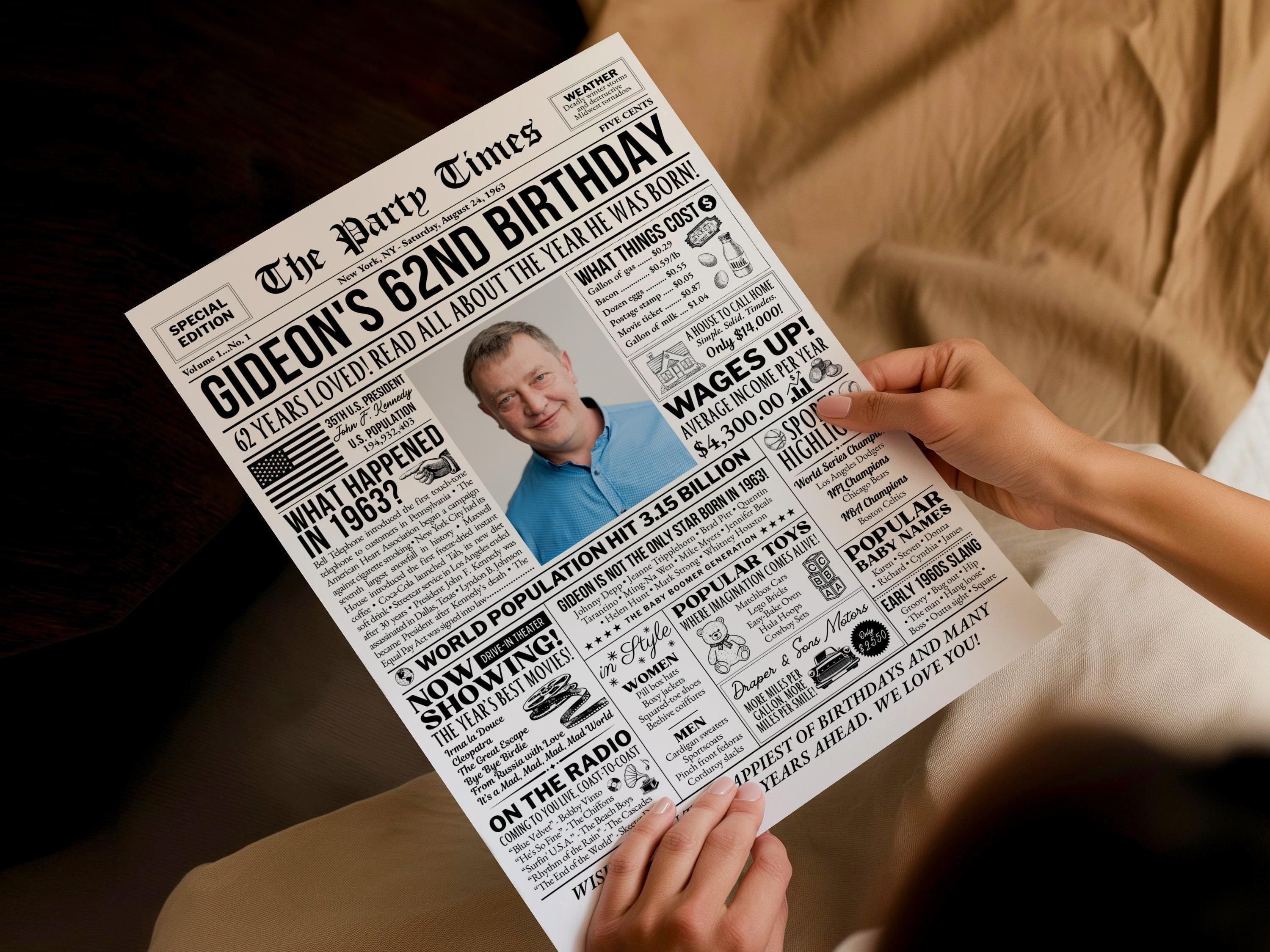 62nd Birthday Newspaper Poster Sign, Back In 1963 Retro Party Decorations, Editable 60s Throwback Party Printable, Edit With Canva