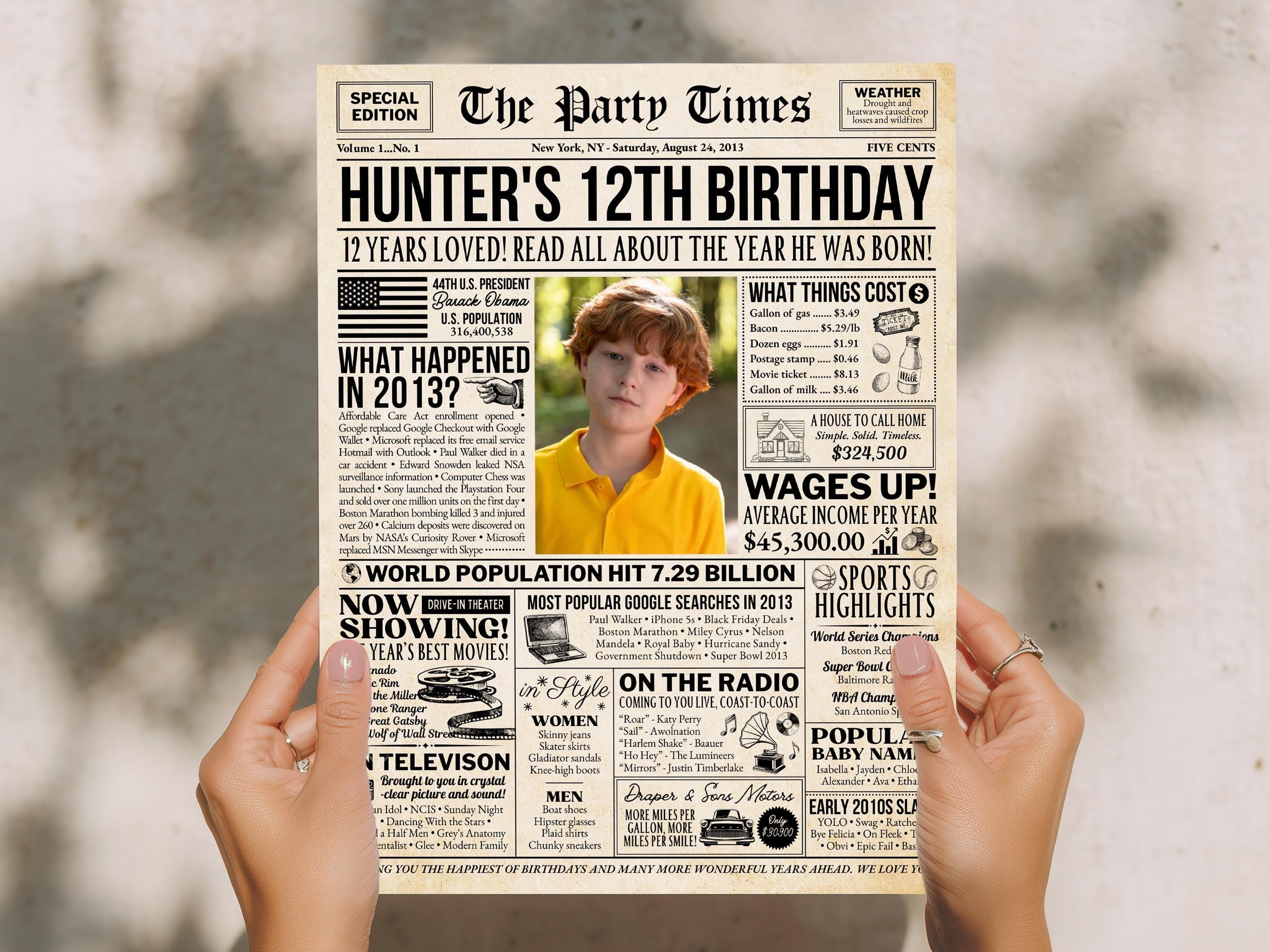12th Birthday Gift Back in 2013 Newspaper Poster, 2013 Birth Year Fun Facts Sign, Preteen Party Decoration Printable, Edit With Canva