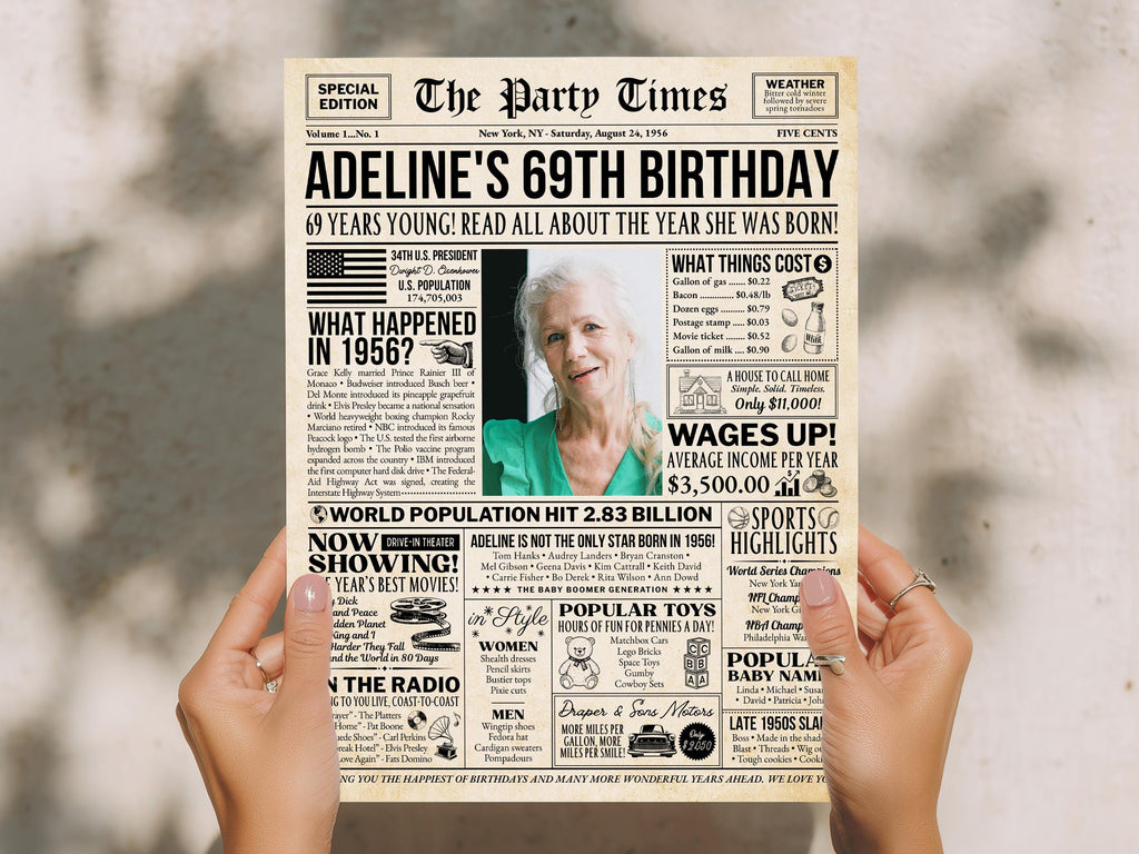 69th Birthday Newspaper Poster Sign, Back in 1956 USA Fun Facts Party Sign, Editable 50s Throwback Party Decoration, Edit With Canva
