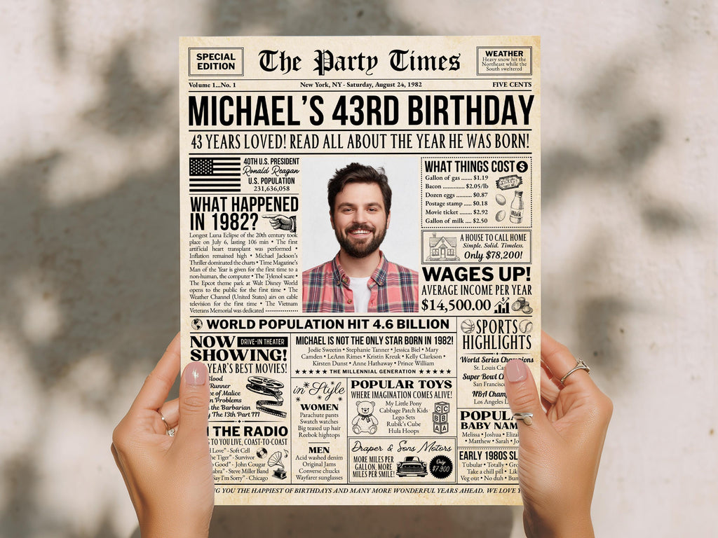 43rd Birthday Gift, Back in 1982 Newspaper Poster, Editable 43 Years Ago Trivia, Personalized Millennial Gift Printable, Edit With Canva