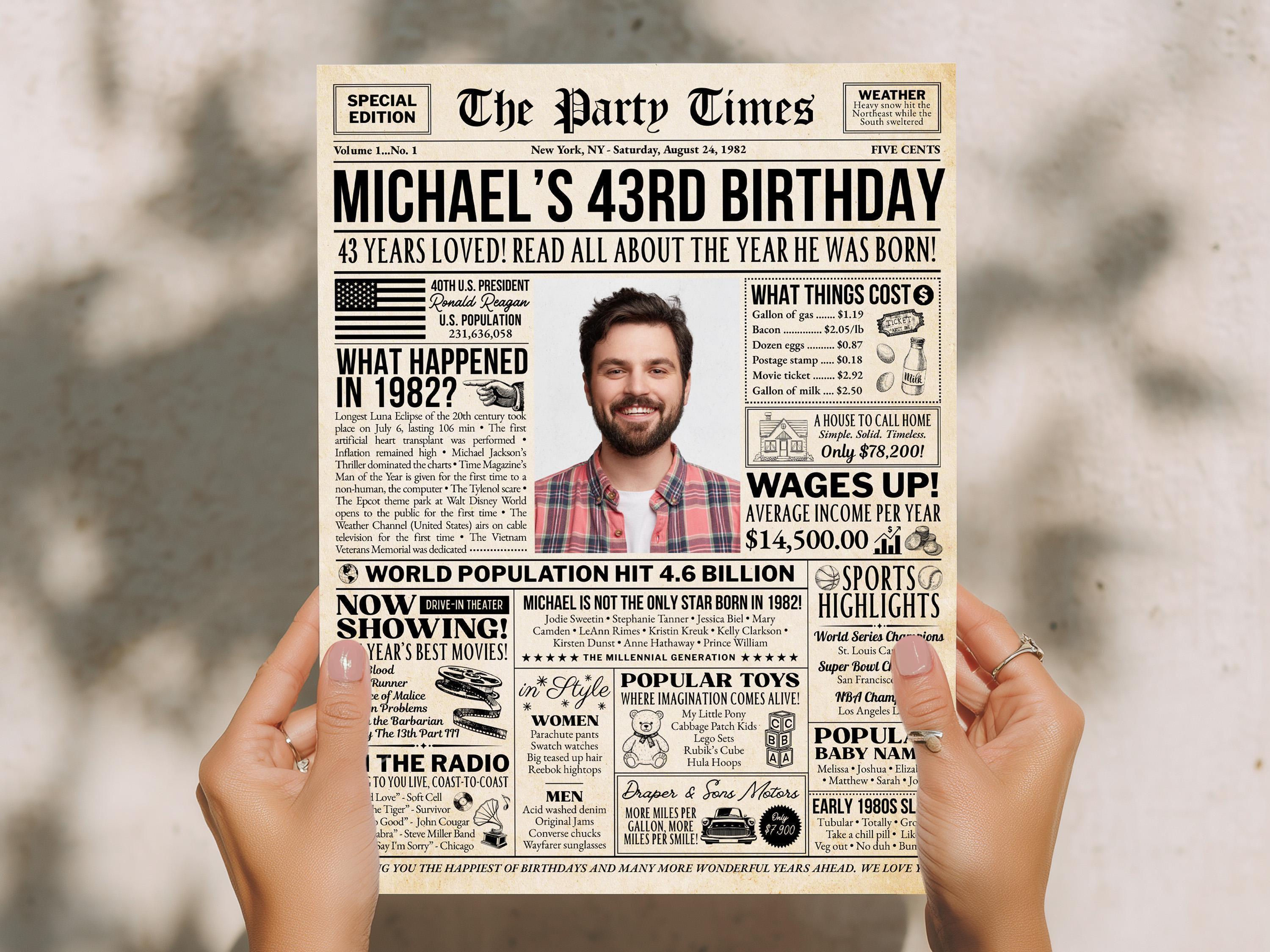 43rd Birthday Gift, Back in 1982 Newspaper Poster, Editable 43 Years Ago Trivia, Personalized Millennial Gift Printable, Edit With Canva