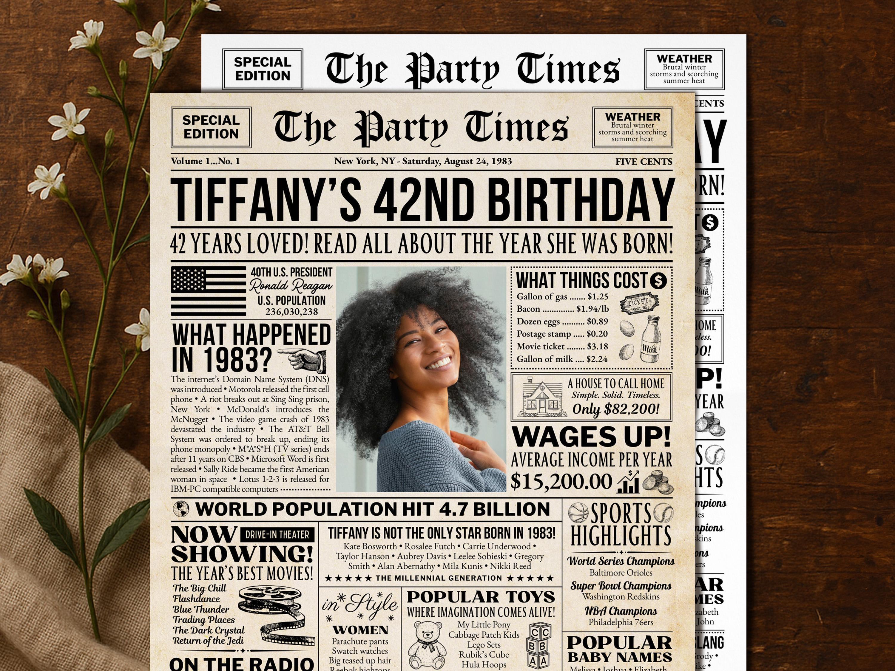 42nd Birthday Newspaper Sign, Back in 1983 Vintage Poster, 42 Years Ago Birthday Gift, 1983 Facts Party Decoration Print, Edit With Canva