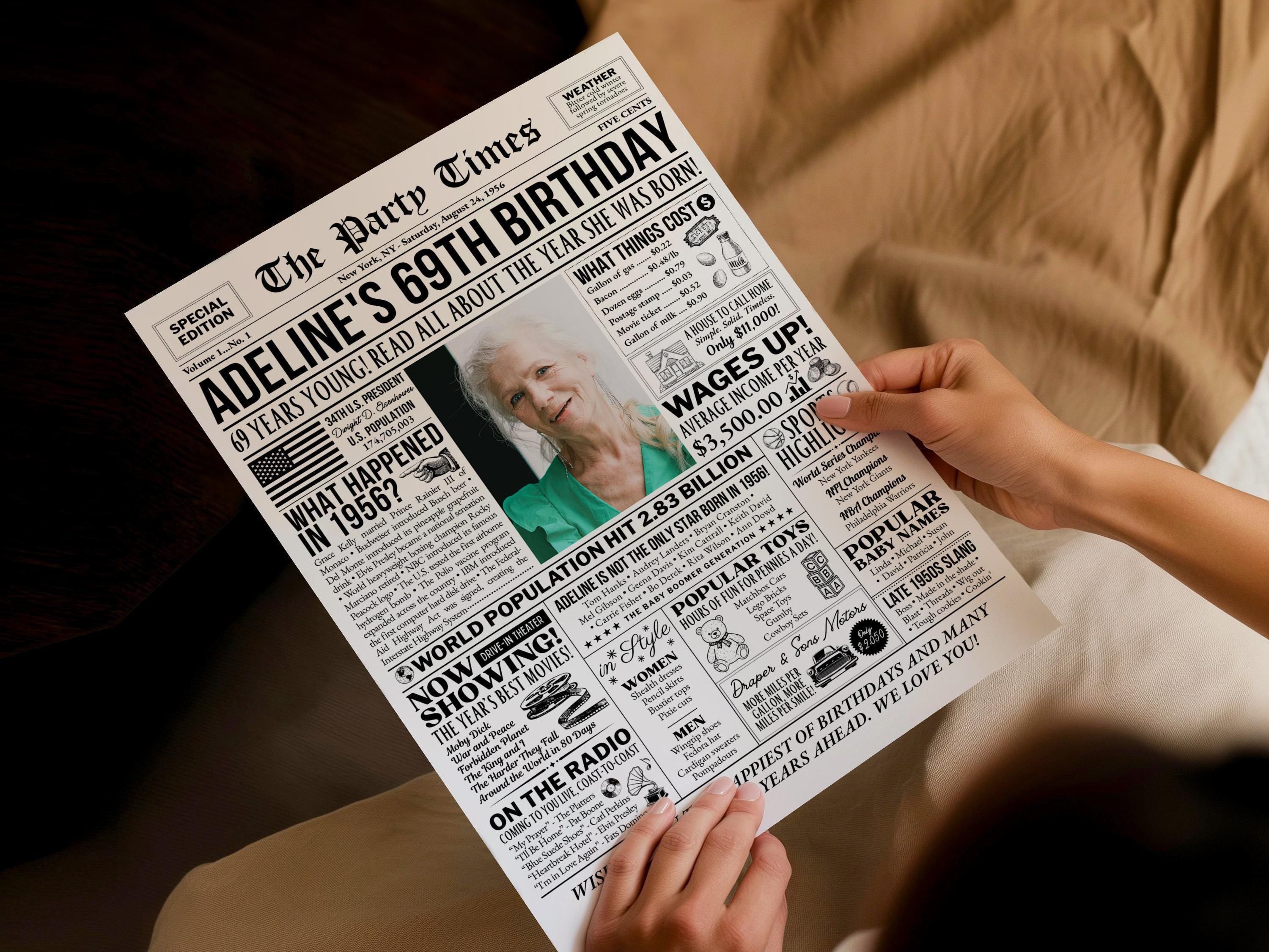 69th Birthday Newspaper Poster Sign, Back in 1956 USA Fun Facts Party Sign, Editable 50s Throwback Party Decoration, Edit With Canva