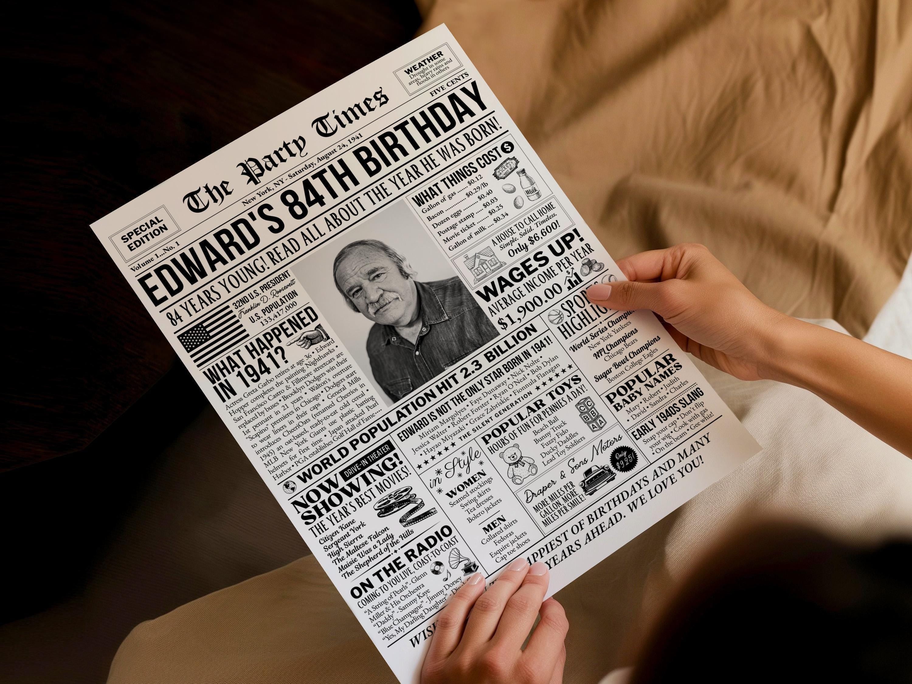 84th Birthday Celebration Sign, Back in 1941 Newspaper Poster, Custom Gift for Seniors, Photo Birthday Welcome Sign, Edit With Canva