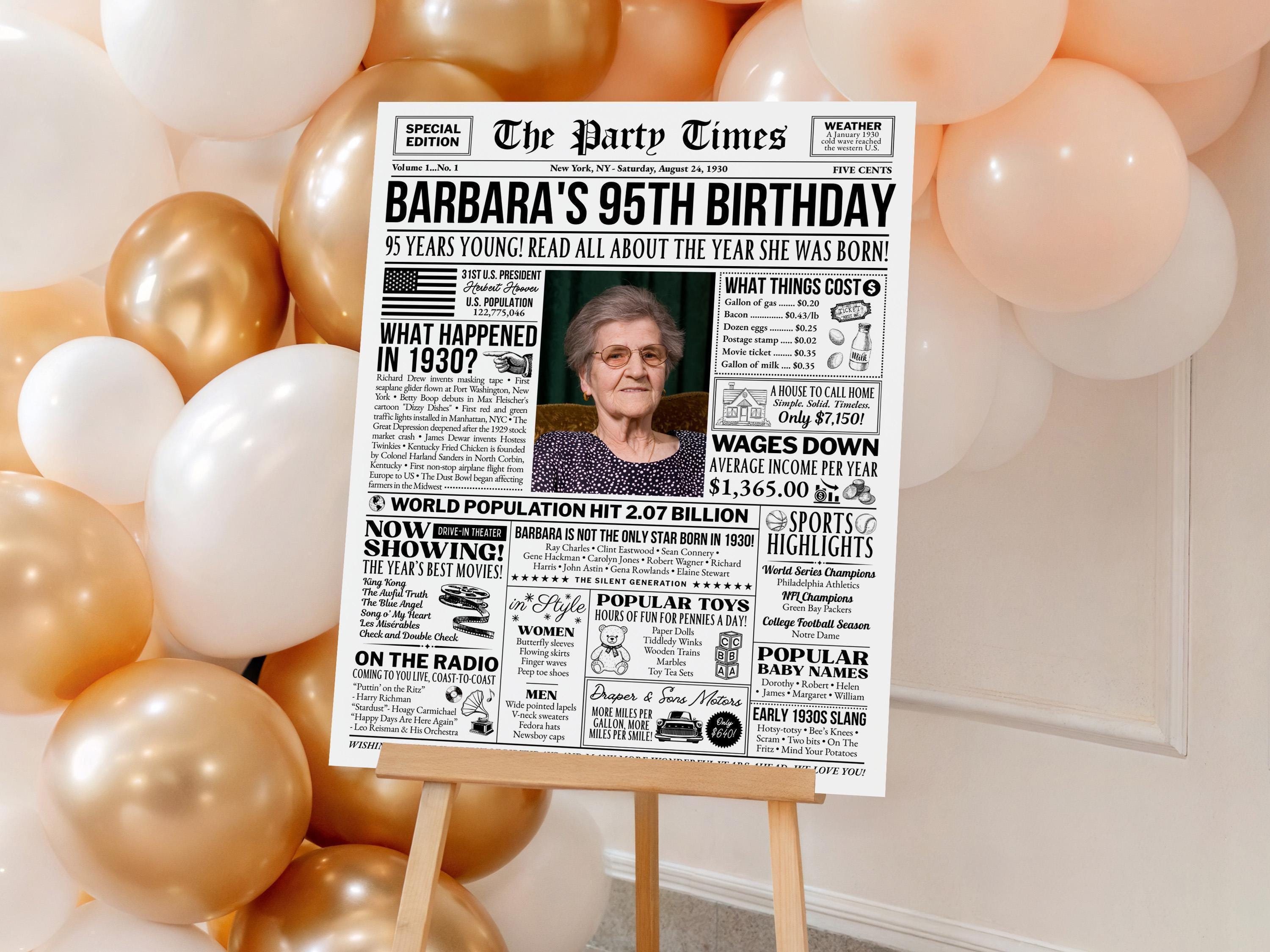 95th Birthday Gift, Back in 1930 Newspaper Poster, Personalized Gift For Grandma, Editable Vintage 95th Birthday Sign, Edit With Canva