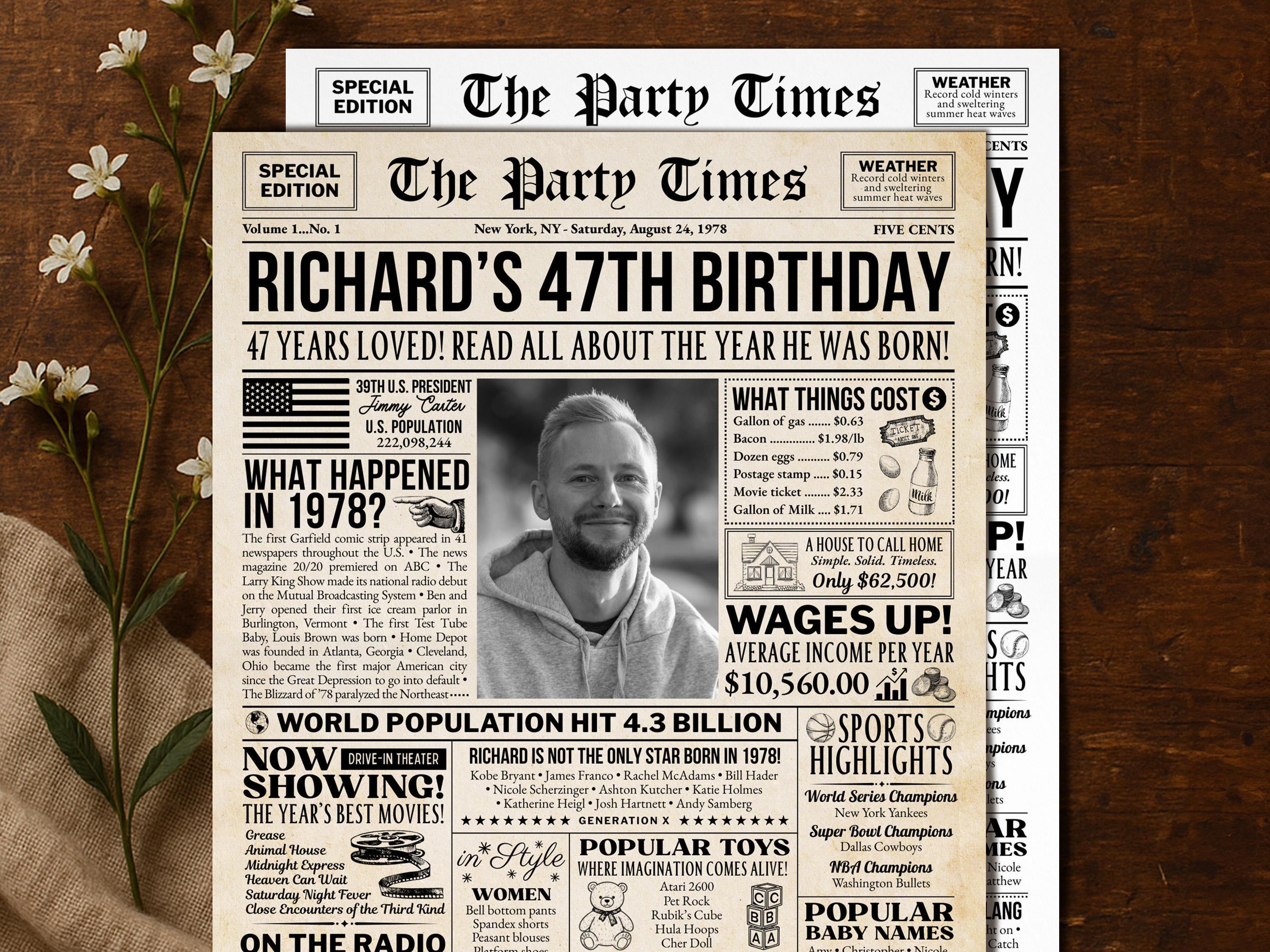 47th Birthday Newspaper Sign, 47 Years Ago Back in 1978 Vintage Poster, Birthday Decoration For Men Or Women Printable, Edit With Canva