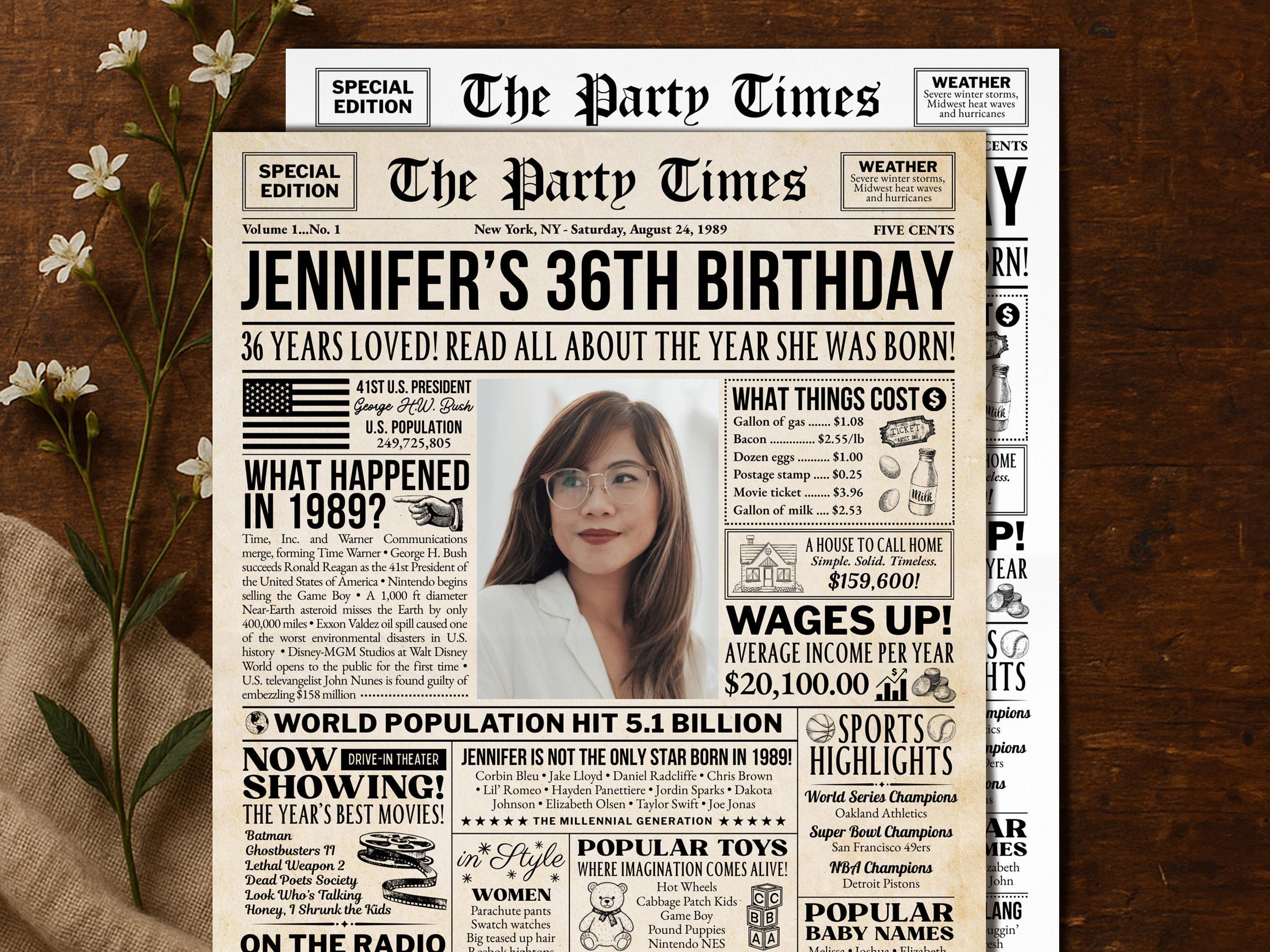 36th Birthday Gift, Born In 1989 Newspaper Poster, Editable Vintage Retro Birthday Welcome Sign, Year You Were Born Trivia, Edit With Canva