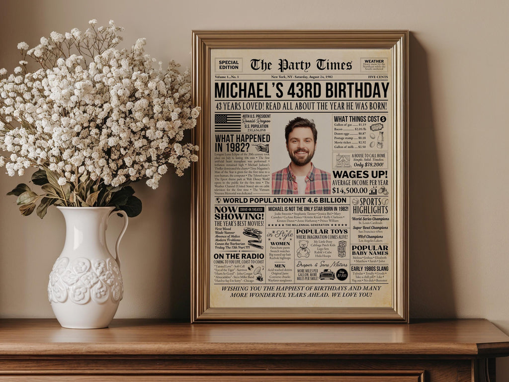 43rd Birthday Gift, Back in 1982 Newspaper Poster, Editable 43 Years Ago Trivia, Personalized Millennial Gift Printable, Edit With Canva