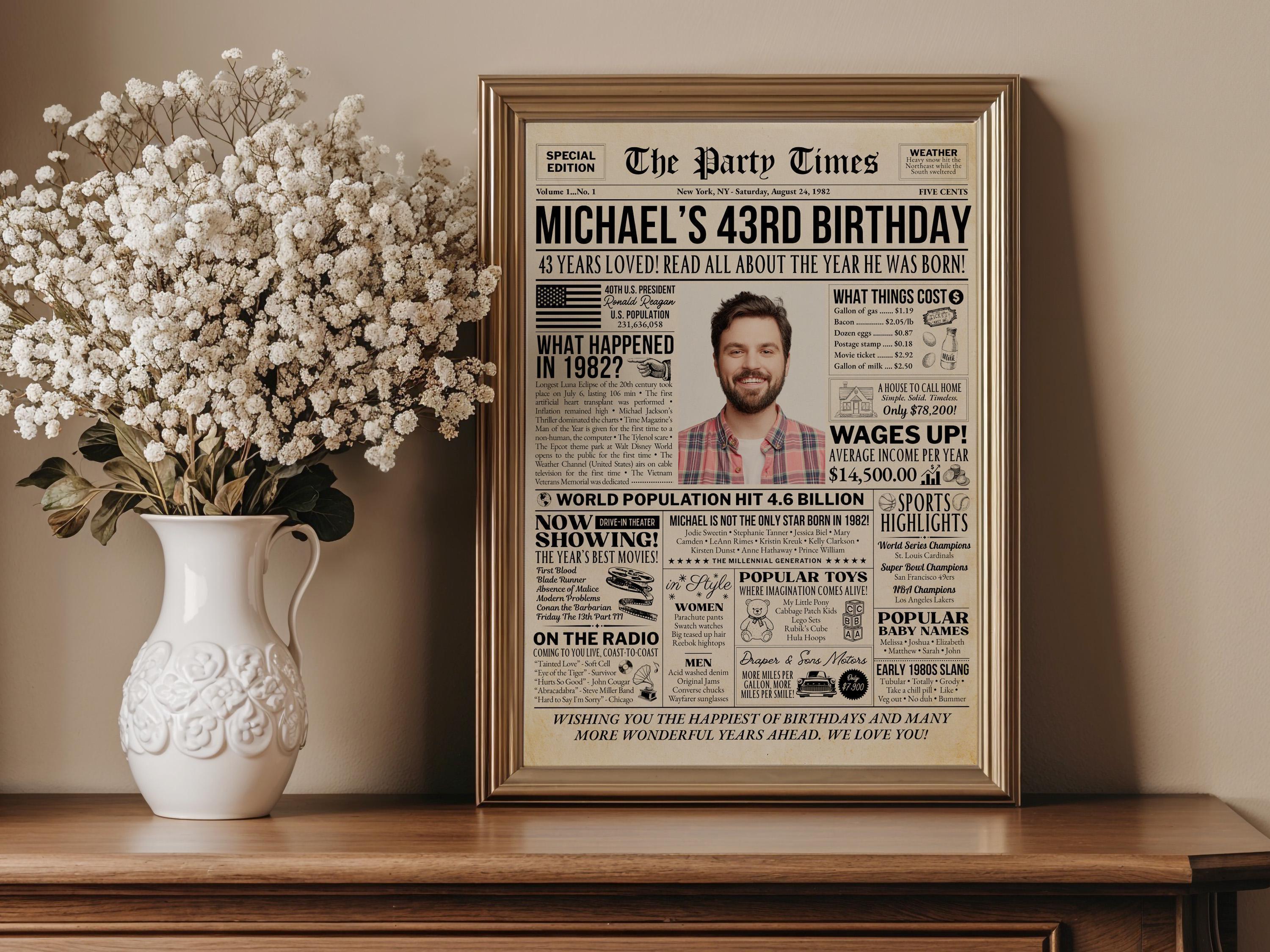 43rd Birthday Gift, Back in 1982 Newspaper Poster, Editable 43 Years Ago Trivia, Personalized Millennial Gift Printable, Edit With Canva