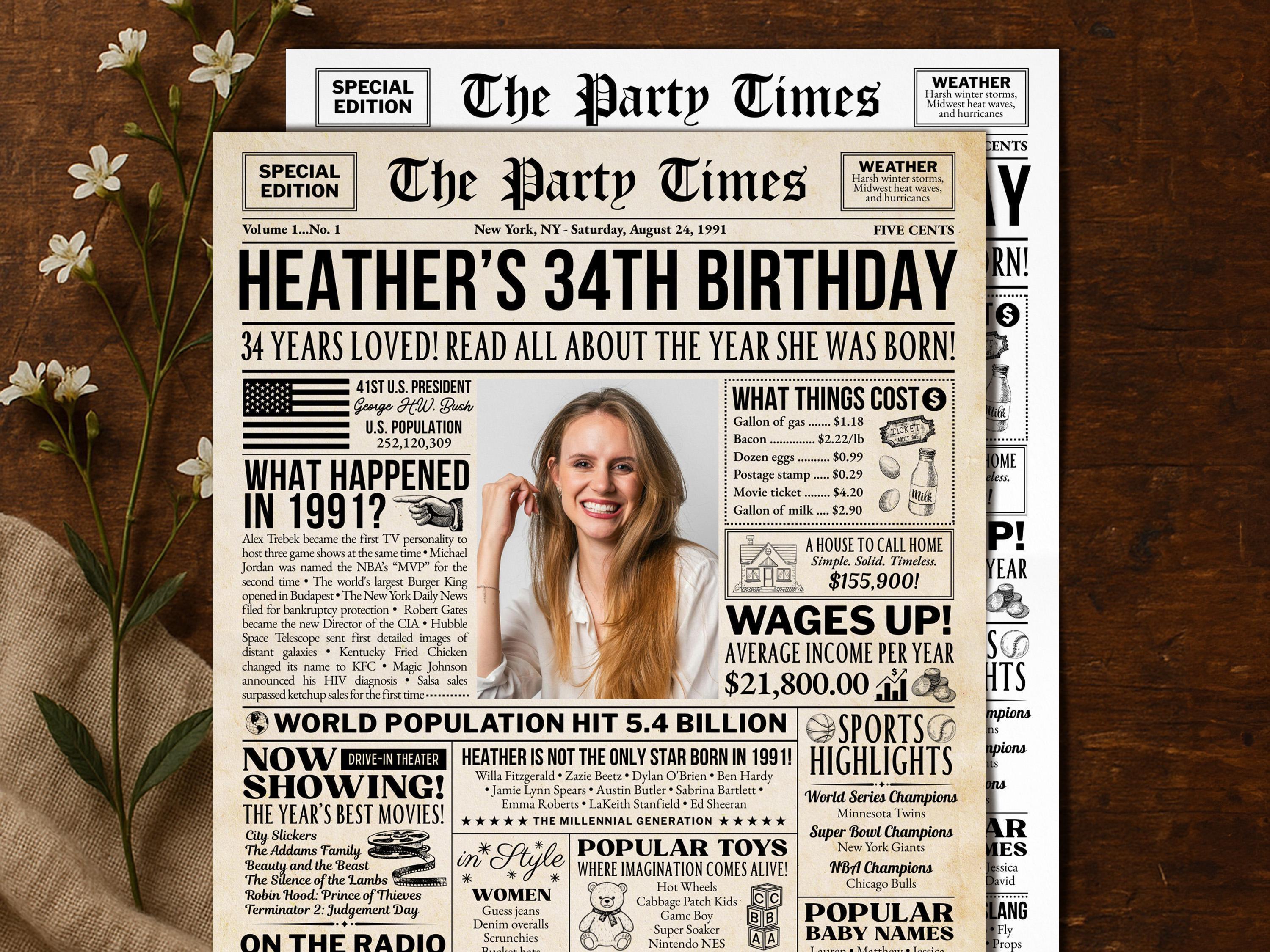 34th Birthday Newspaper Poster Sign, Back In 1991 Retro Party Decorations, Editable Custom Year You Were Born Printable, Edit With Canva