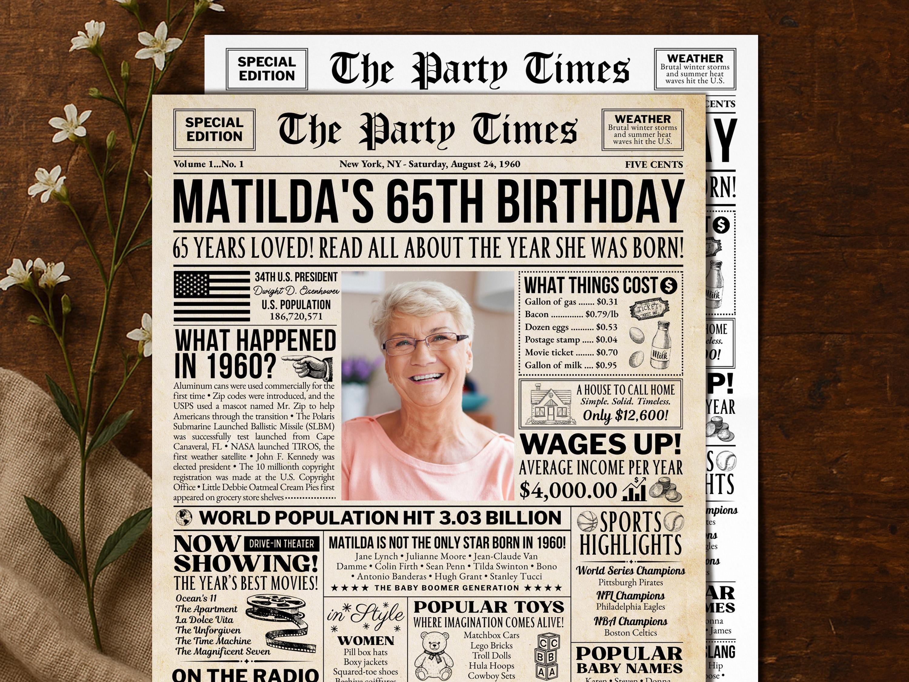 65th Birthday Gift, Born In 1960 Newspaper Poster, Editable Vintage Retro Birthday Sign, Personalized Gift For Mom Or Dad, Edit With Canva