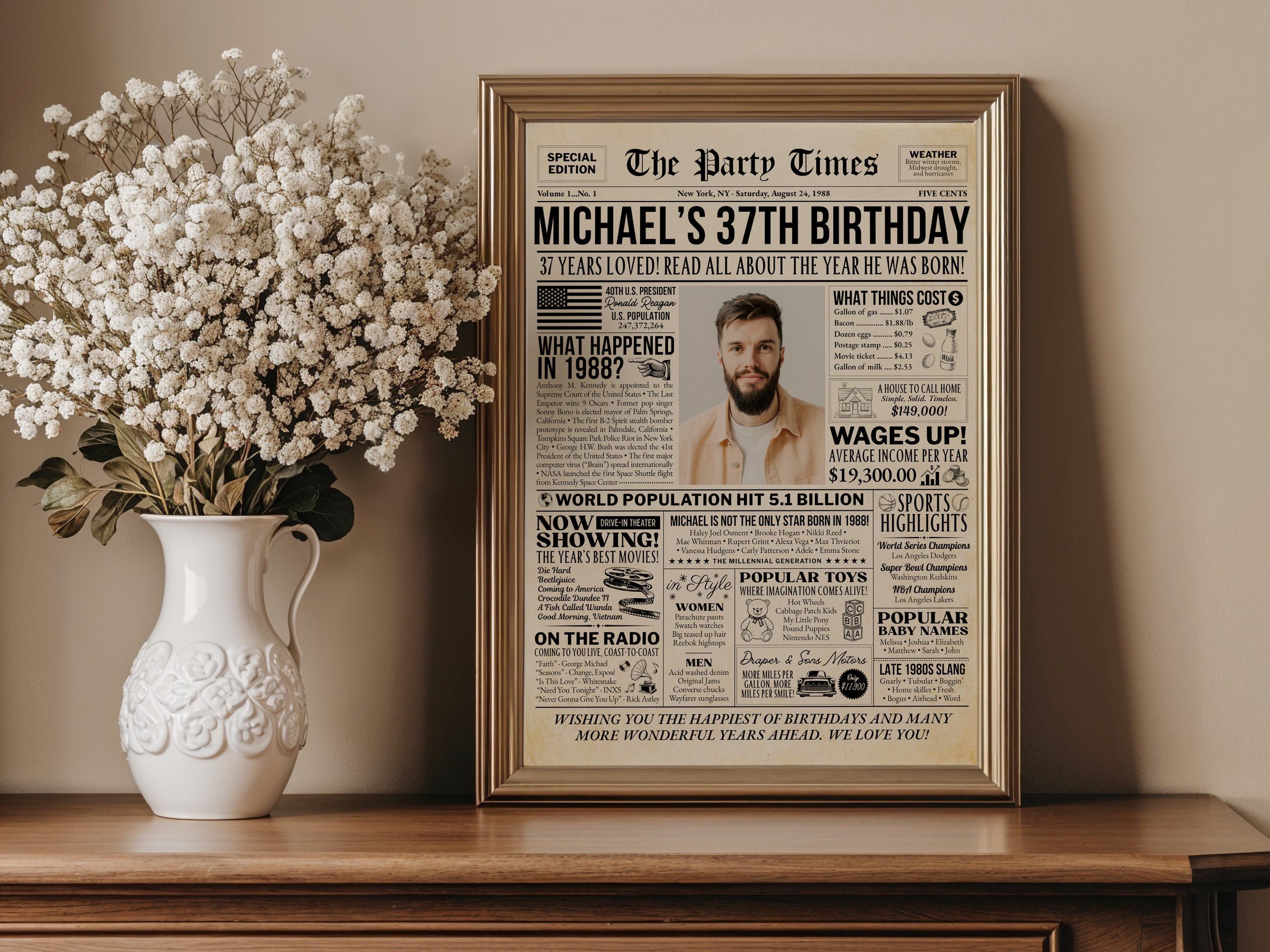 37th Birthday Newspaper Poster, Born In 1988 Birthday Milestone Trivia Sign, Editable Vintage Party Decorations Printable, Edit With Canva