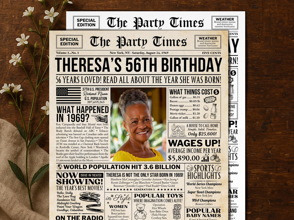 56th Birthday Newspaper Poster Sign, Back in 1969 Birthday Gift For Mom or Dad, Custom Nostalgic Keepsake Printable DIY, Edit With Canva