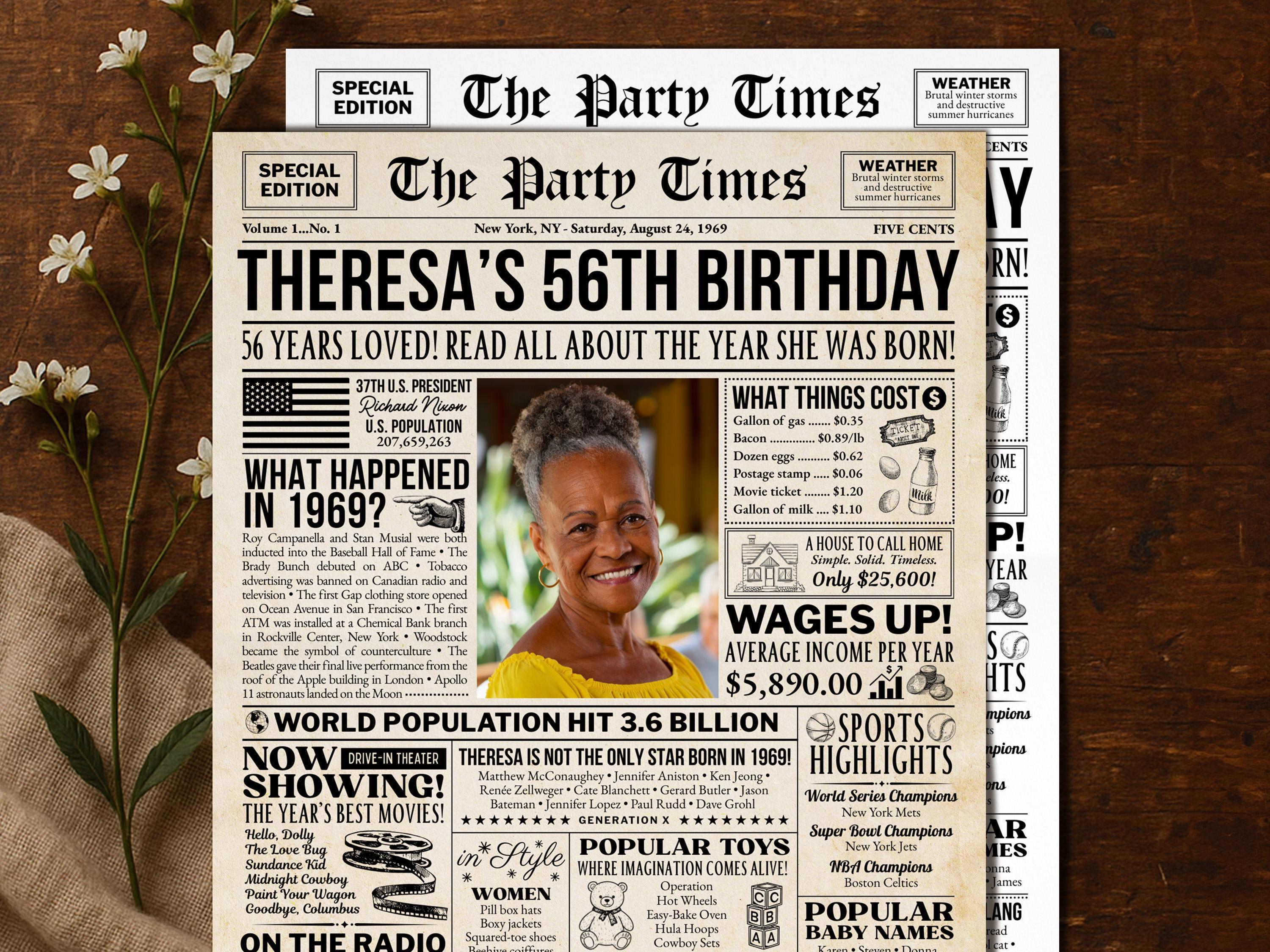56th Birthday Newspaper Poster Sign, Back in 1969 Birthday Gift For Mom or Dad, Custom Nostalgic Keepsake Printable DIY, Edit With Canva