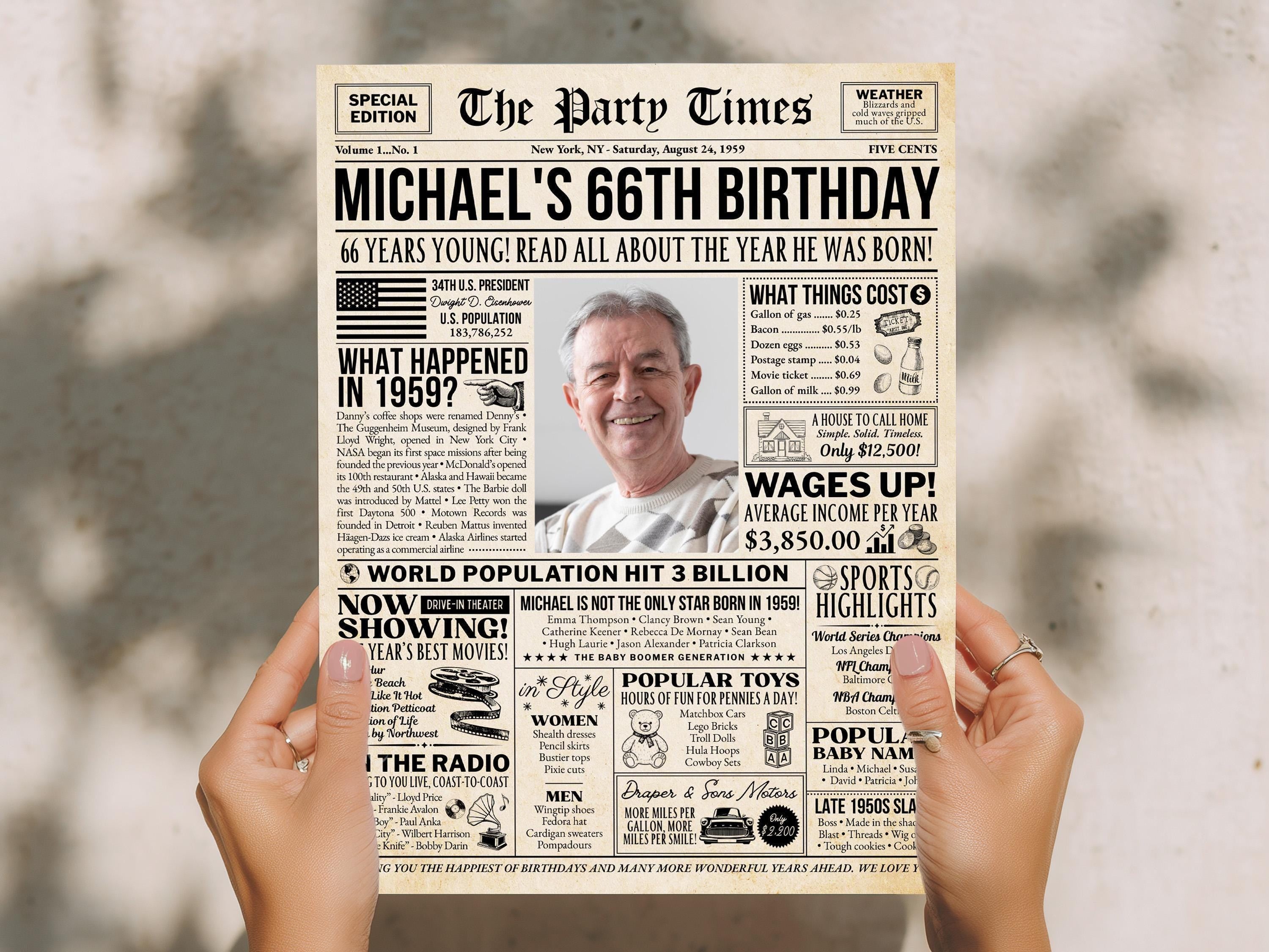66th Birthday Newspaper Poster Sign, Born In 1959 Birthday Milestone Gift, Editable Back to the 50s Party Decorations, Edit With Canva