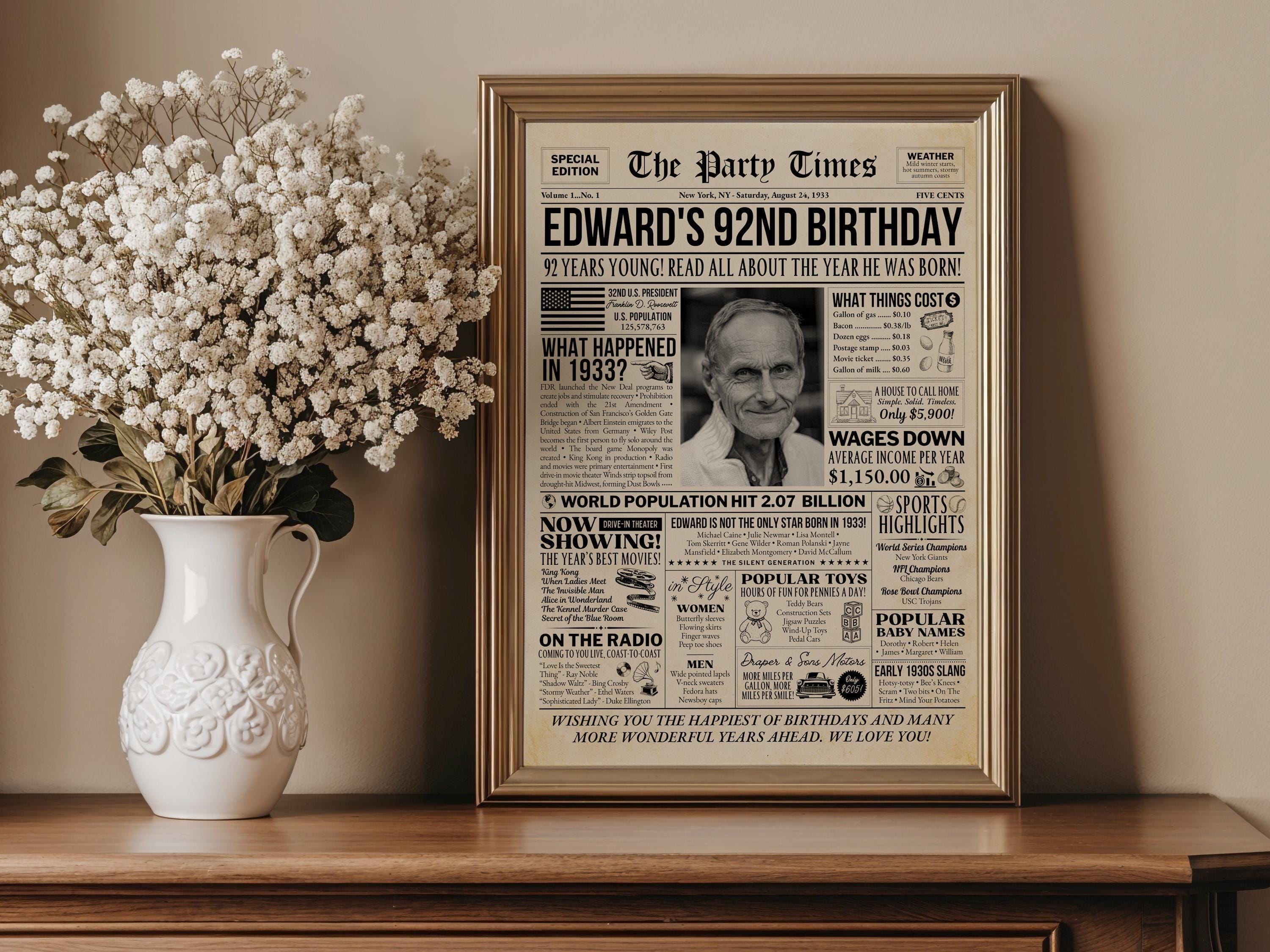 92th Birthday Gift, Back in 1933 Newspaper Poster, Personalized Gift for Granny, Unique Birthday Keepsake Printable, Edit With Canva