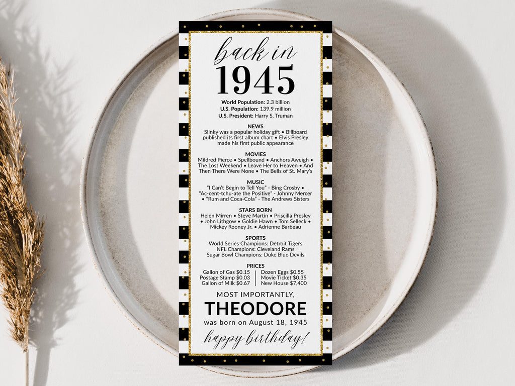 80th Birthday Place Cards, Editable Back In 1945 Party Decorations, 80th Milestone Birthday Trivia Table Cards Printable, Edit With Canva