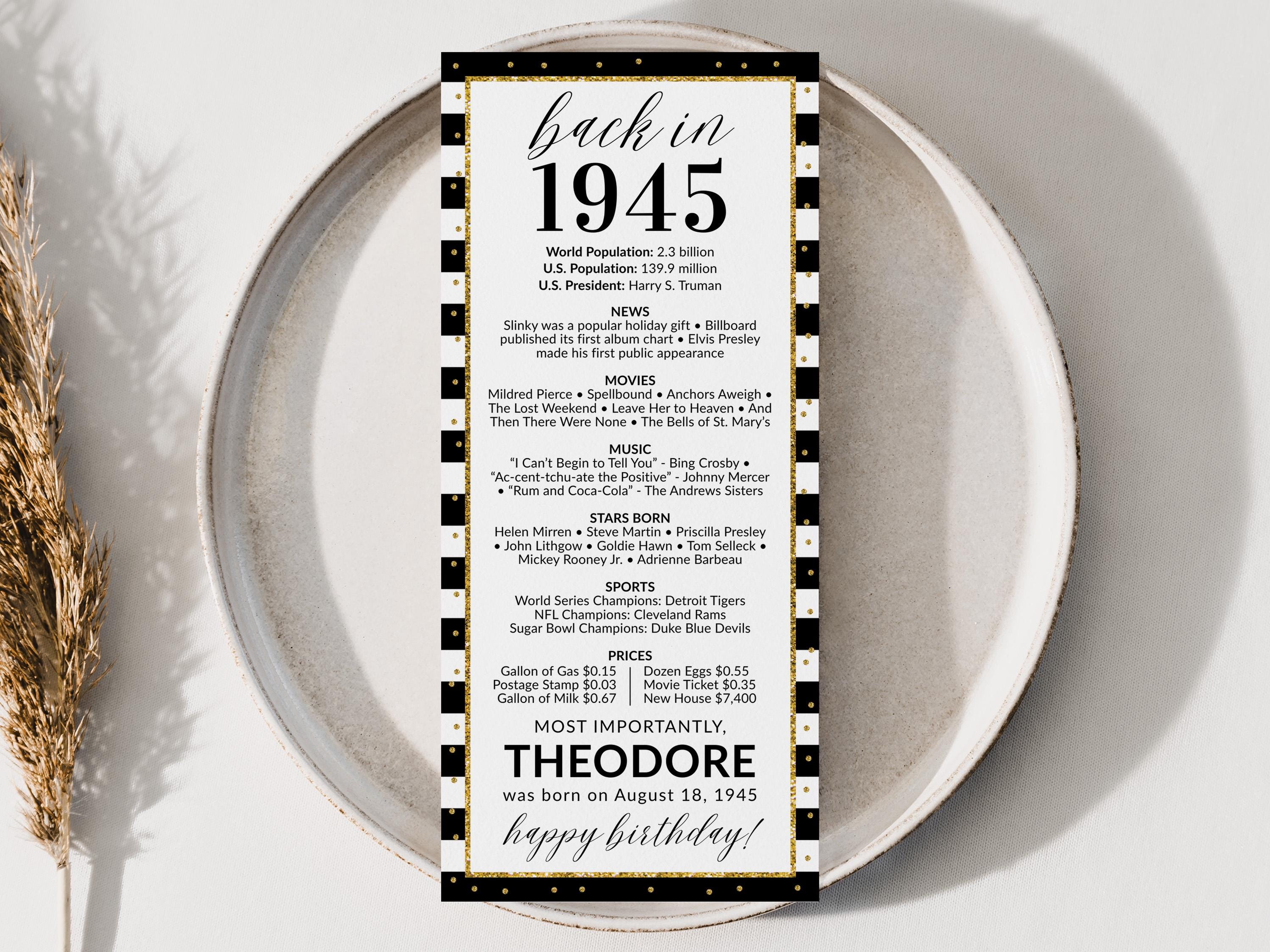 80th Birthday Place Cards, Editable Back In 1945 Party Decorations, 80th Milestone Birthday Trivia Table Cards Printable, Edit With Canva