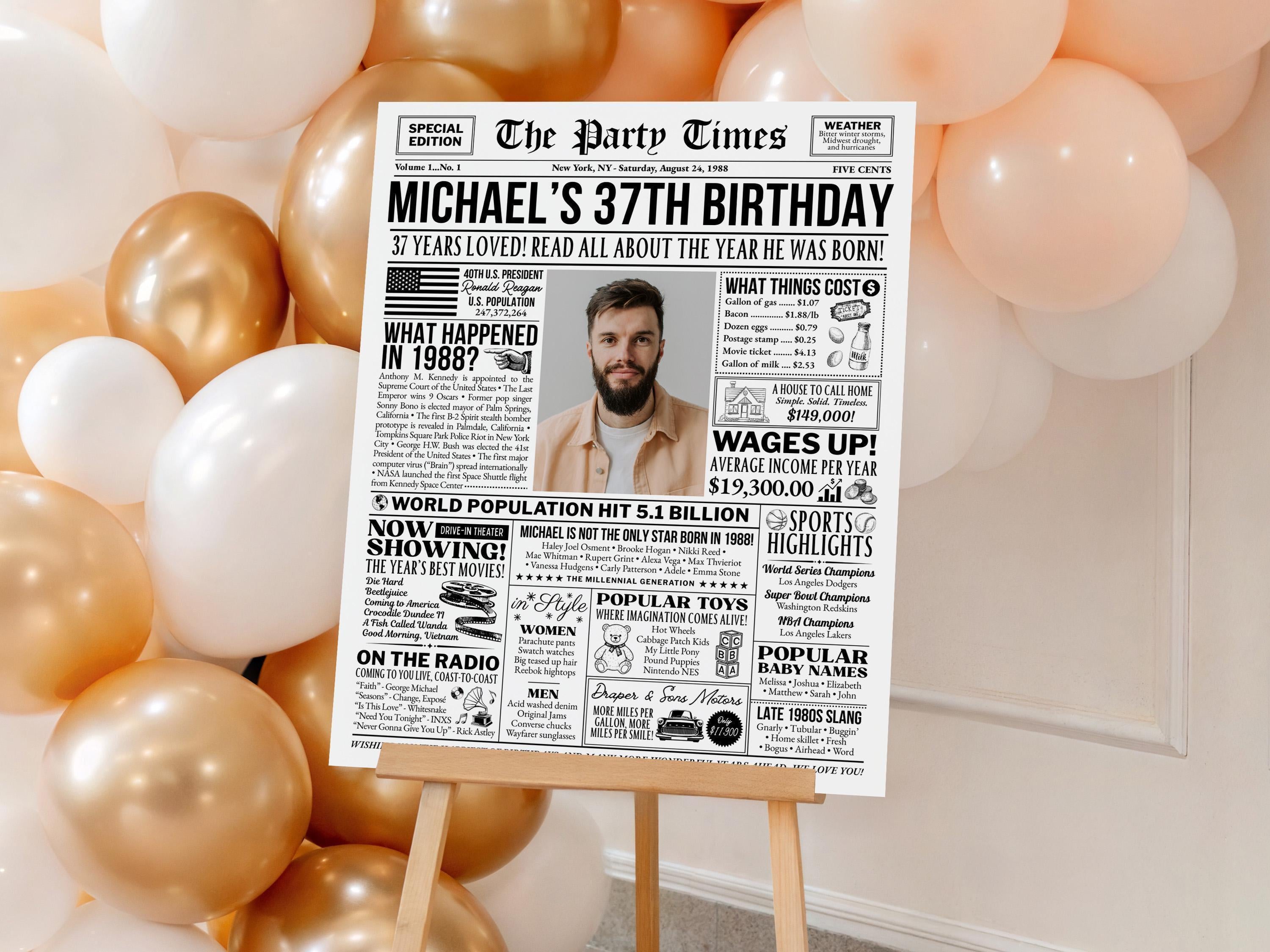 37th Birthday Newspaper Poster, Born In 1988 Birthday Milestone Trivia Sign, Editable Vintage Party Decorations Printable, Edit With Canva