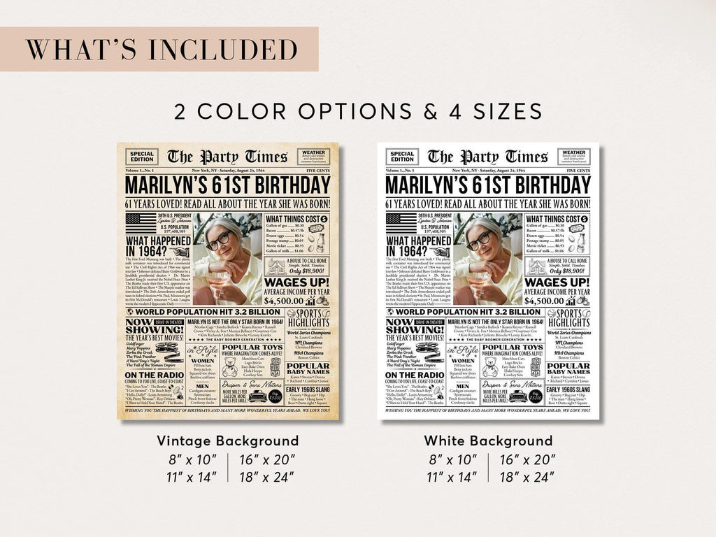 61st Birthday Newspaper Poster Sign, Back in 1964 Gift for Men or Women, 60s Theme Party Milestone Party Decorations, Edit With Canva