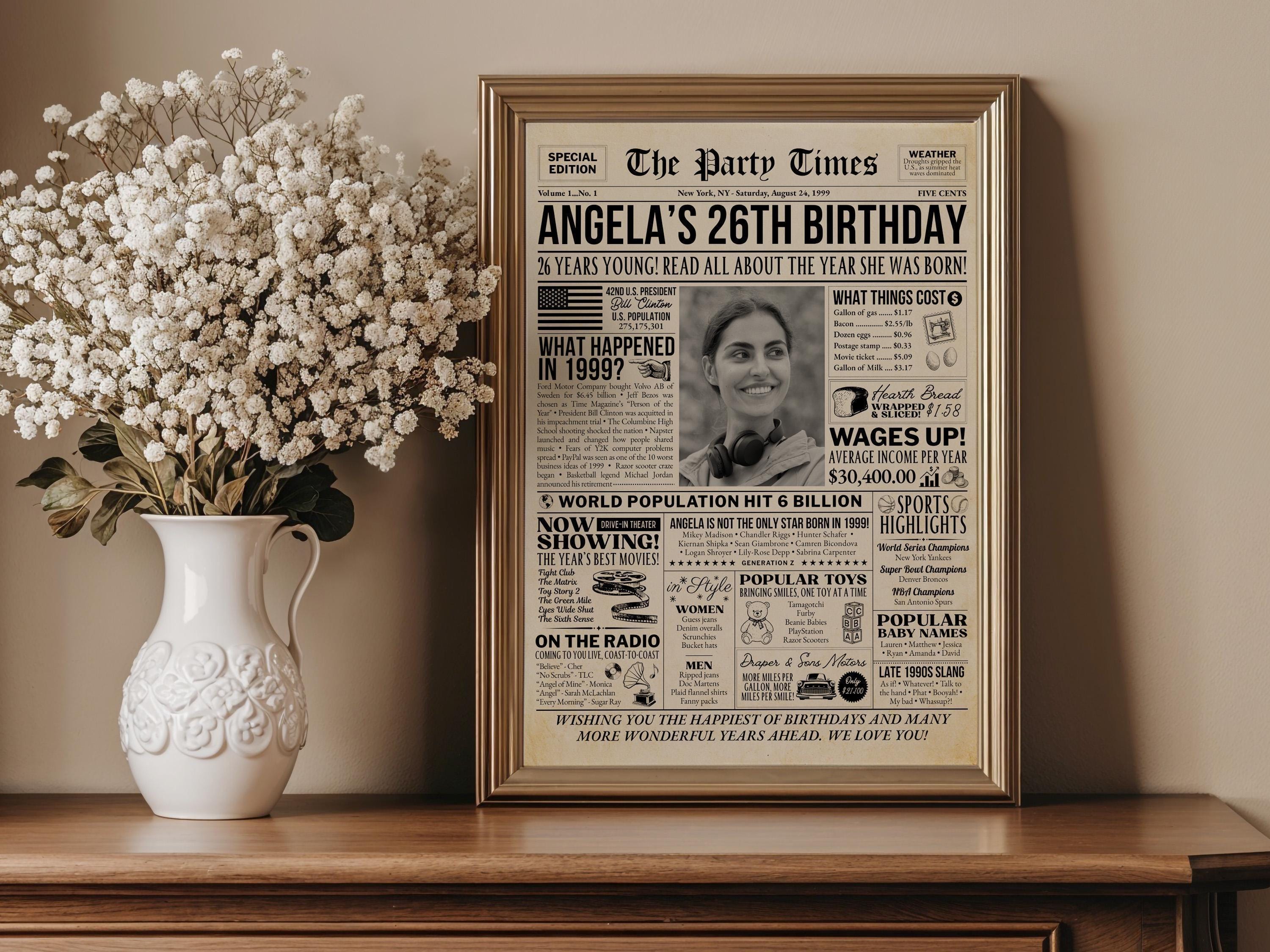 26th Birthday Newspaper Poster Sign, Back in 1999 USA Fun Facts Party Sign, Editable Vintage Style Birthday Decoration, Edit With Canva