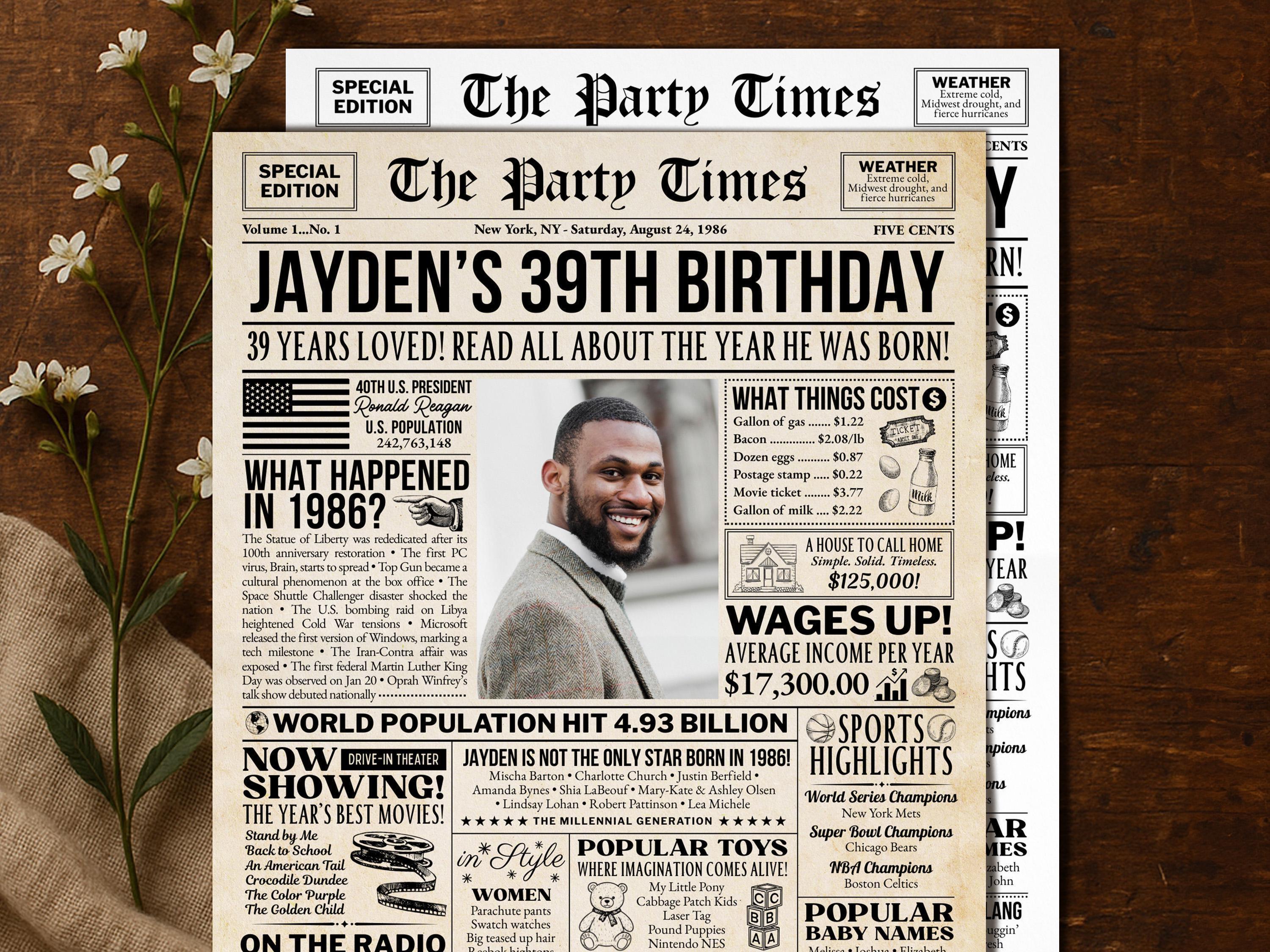 39th Birthday Gift, Back in 1986 Newspaper Poster, Personalized Gift for Husband Or Wife, Unique Party Keepsake Printable, Edit With Canva