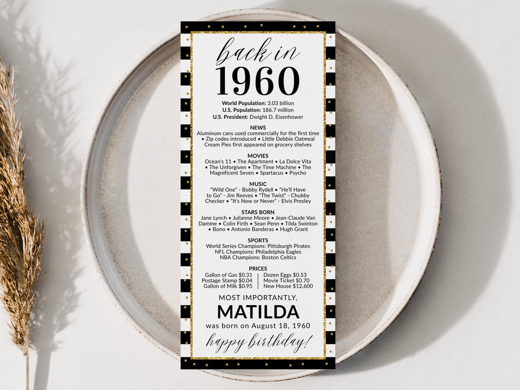 65th Birthday Place Cards, Editable Back In 1960 Party Decorations, 65th Milestone Birthday Trivia Table Cards Printable, Edit With Canva