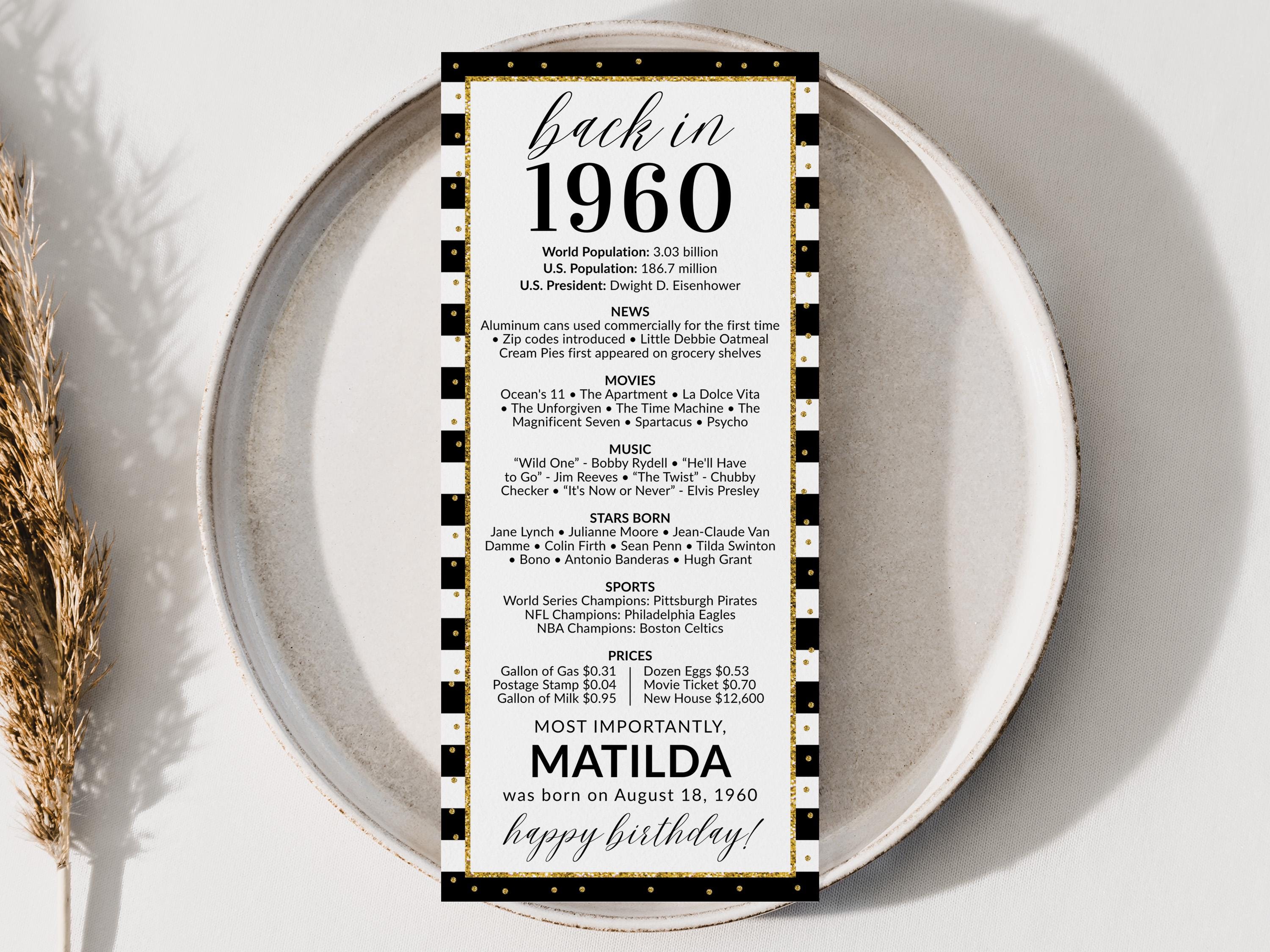 65th Birthday Place Cards, Editable Back In 1960 Party Decorations, 65th Milestone Birthday Trivia Table Cards Printable, Edit With Canva
