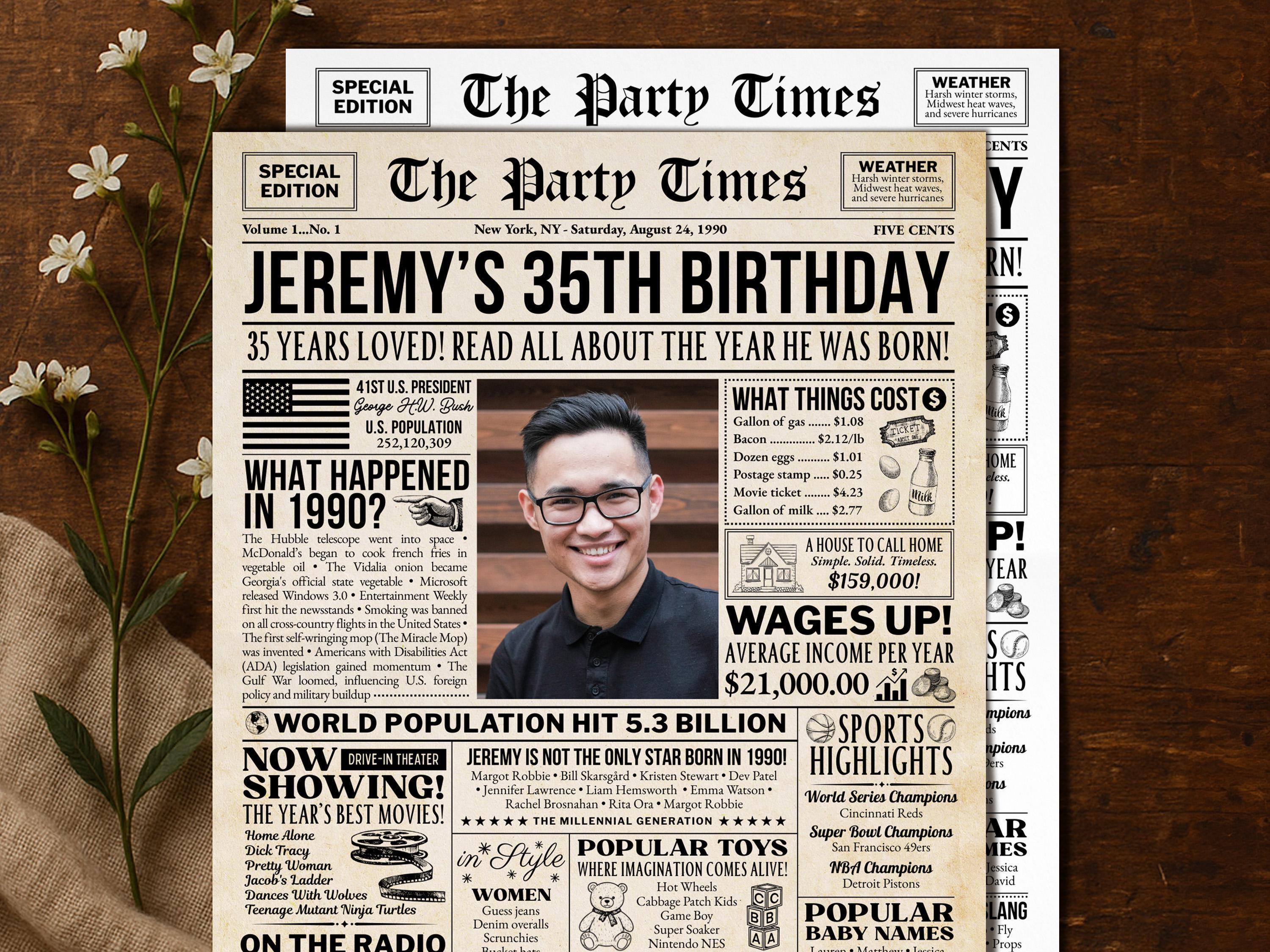 35th Birthday Newspaper Poster Sign, Back In 1990 Birthday Gift For Men Or Women, 35 Years Ago Party Decorations Printable, Edit With Canva