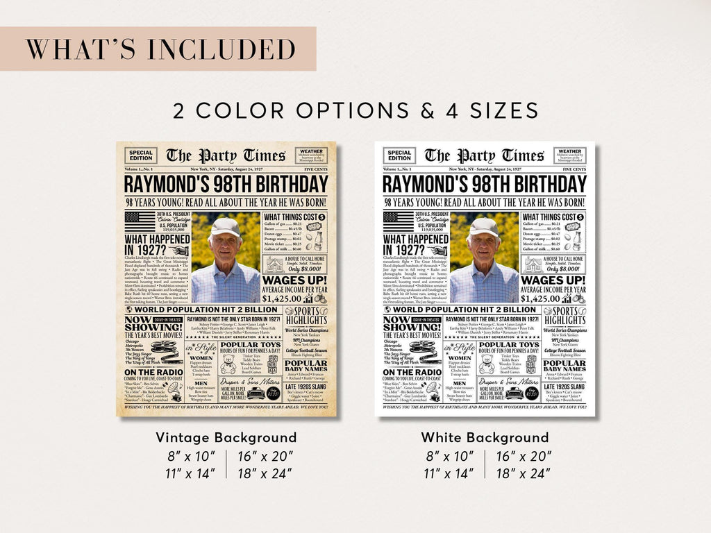 98th Birthday Gift, Back in 1927 Newspaper Poster, Unique Photo Welcome Sign Birthday Keepsake Printable, Edit With Canva