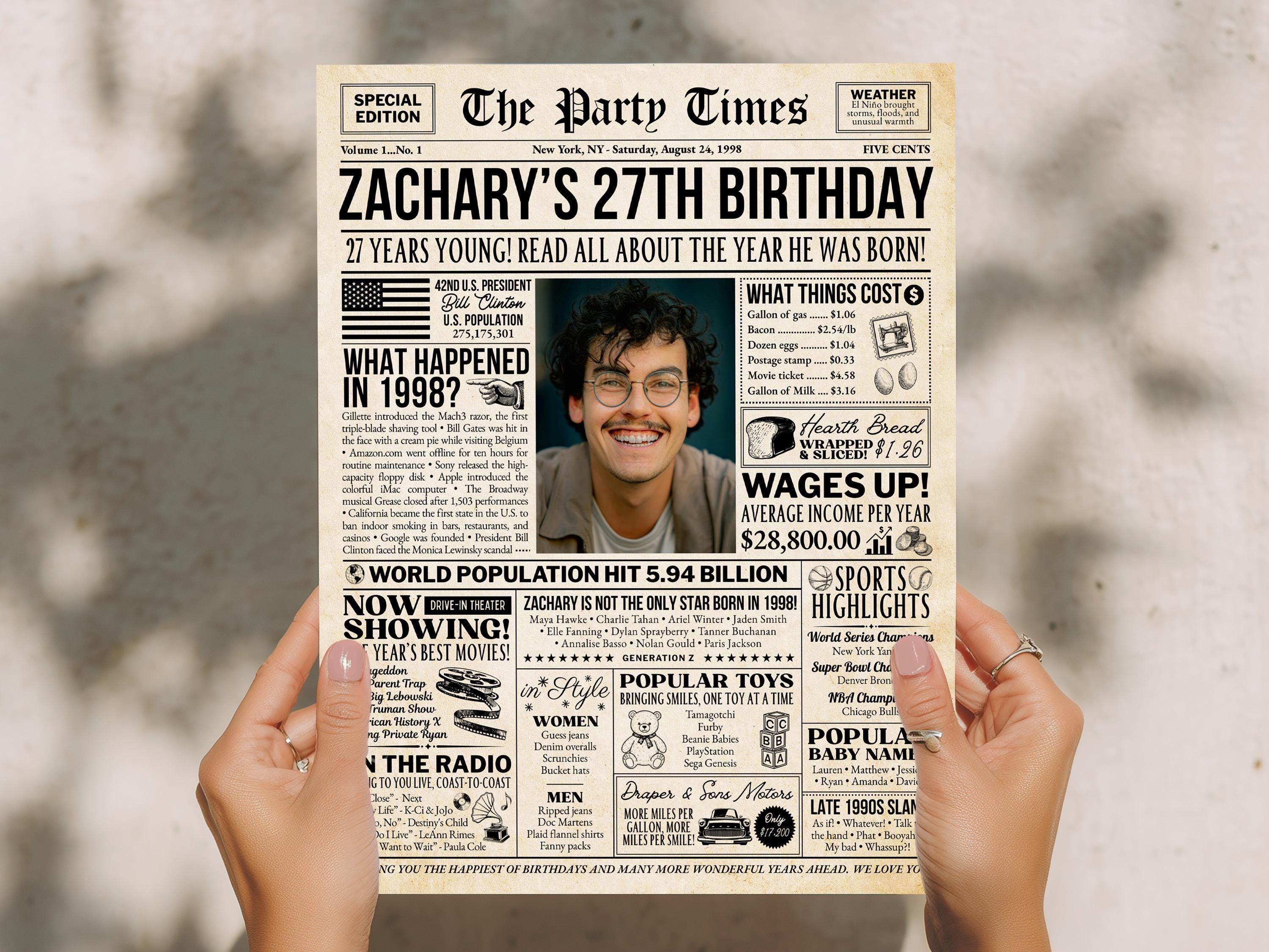 27th Birthday Newspaper Poster, Back in 1998 Sign, Custom Birthday Milestone Photo Keepsake, Back to the 90s Welcome Sign, Edit With Canva