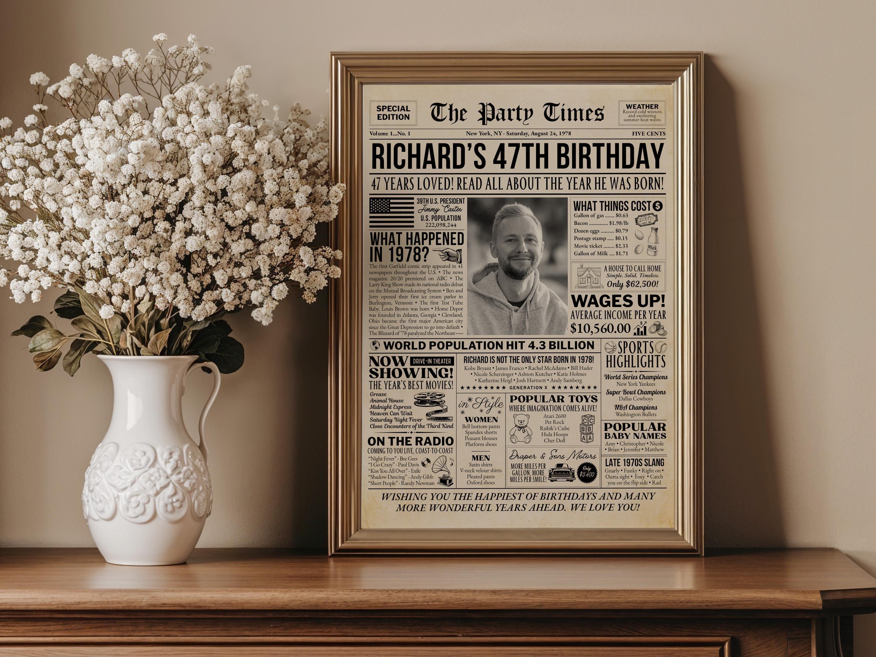 47th Birthday Newspaper Sign, 47 Years Ago Back in 1978 Vintage Poster, Birthday Decoration For Men Or Women Printable, Edit With Canva