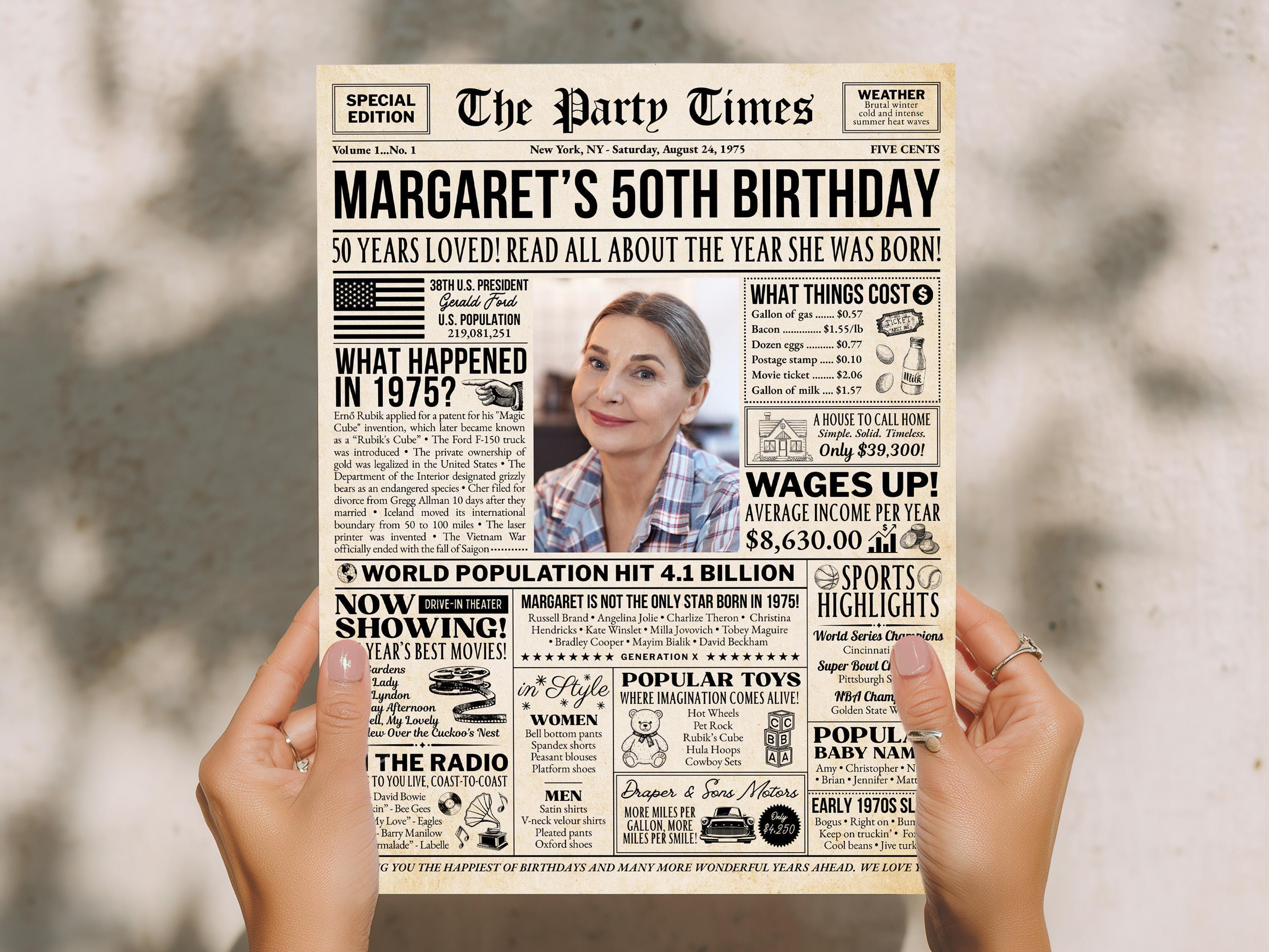 50th Birthday Newspaper Poster Sign, Born in 1975 Party Decorations, Personalized 50 Years Ago Gift For Men Or Women, Edit With Canva