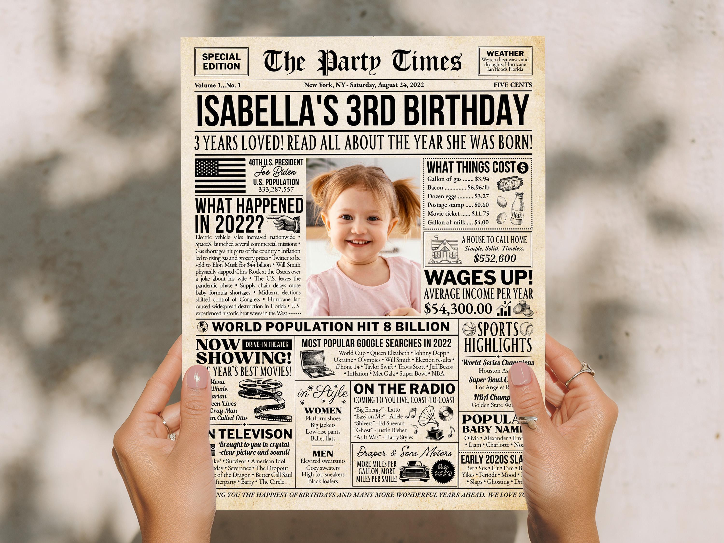 3rd Birthday Newspaper Poster, Born in 2022 Sign, Editable Third Birthday Milestone Keepsake, Photo Welcome Sign Printable, Edit With Canva