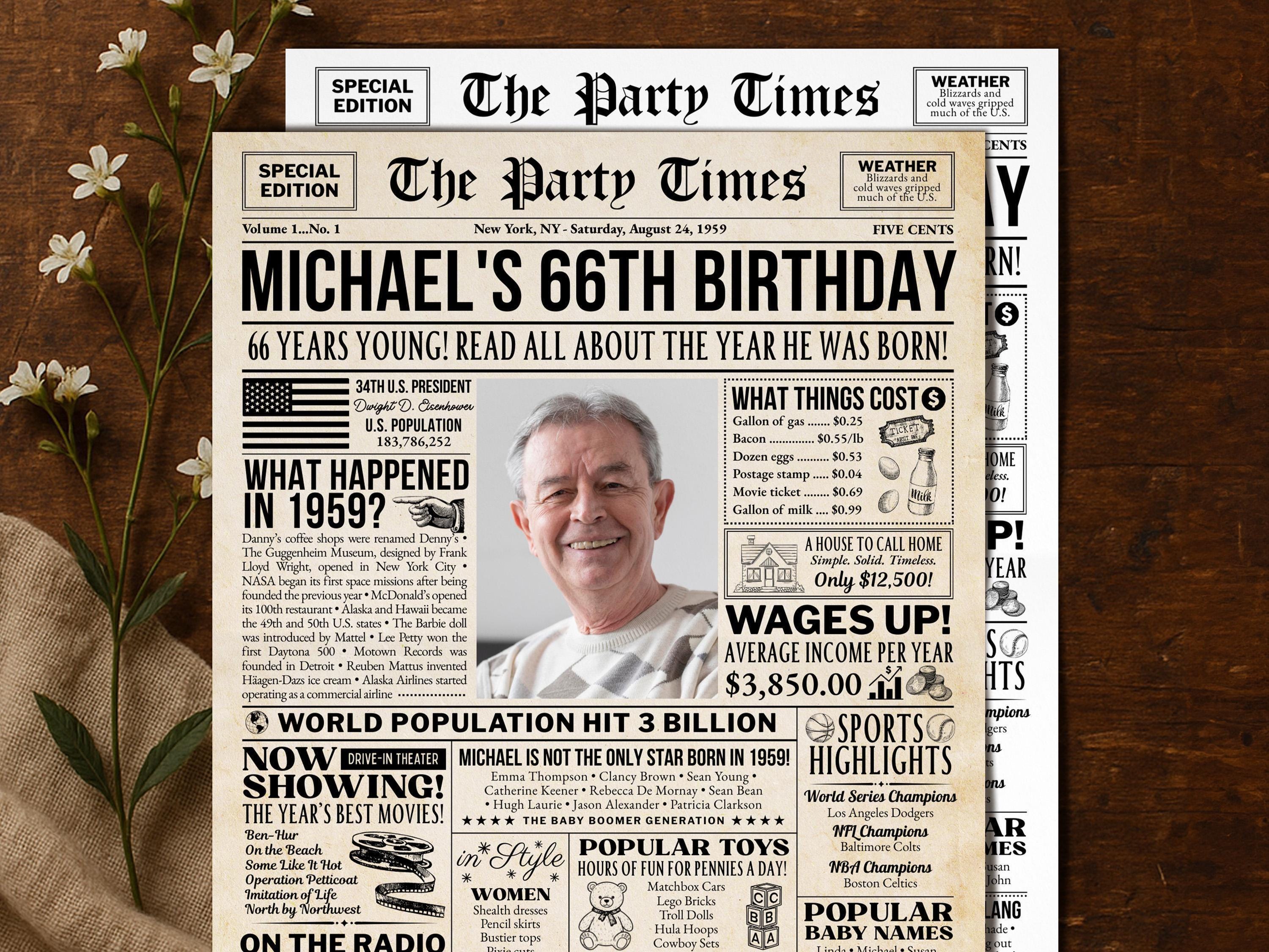 66th Birthday Newspaper Poster Sign, Born In 1959 Birthday Milestone Gift, Editable Back to the 50s Party Decorations, Edit With Canva