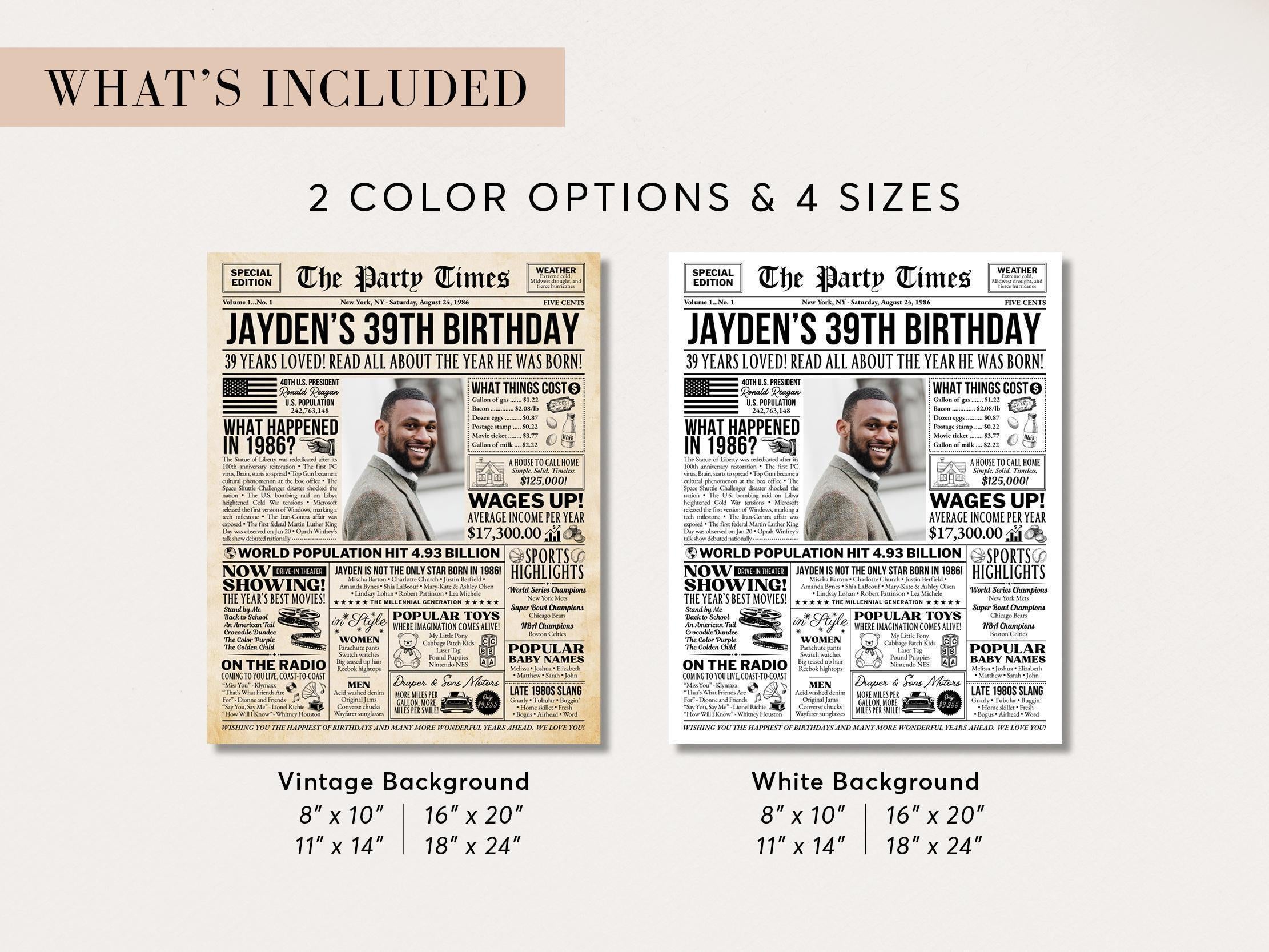 39th Birthday Gift, Back in 1986 Newspaper Poster, Personalized Gift for Husband Or Wife, Unique Party Keepsake Printable, Edit With Canva