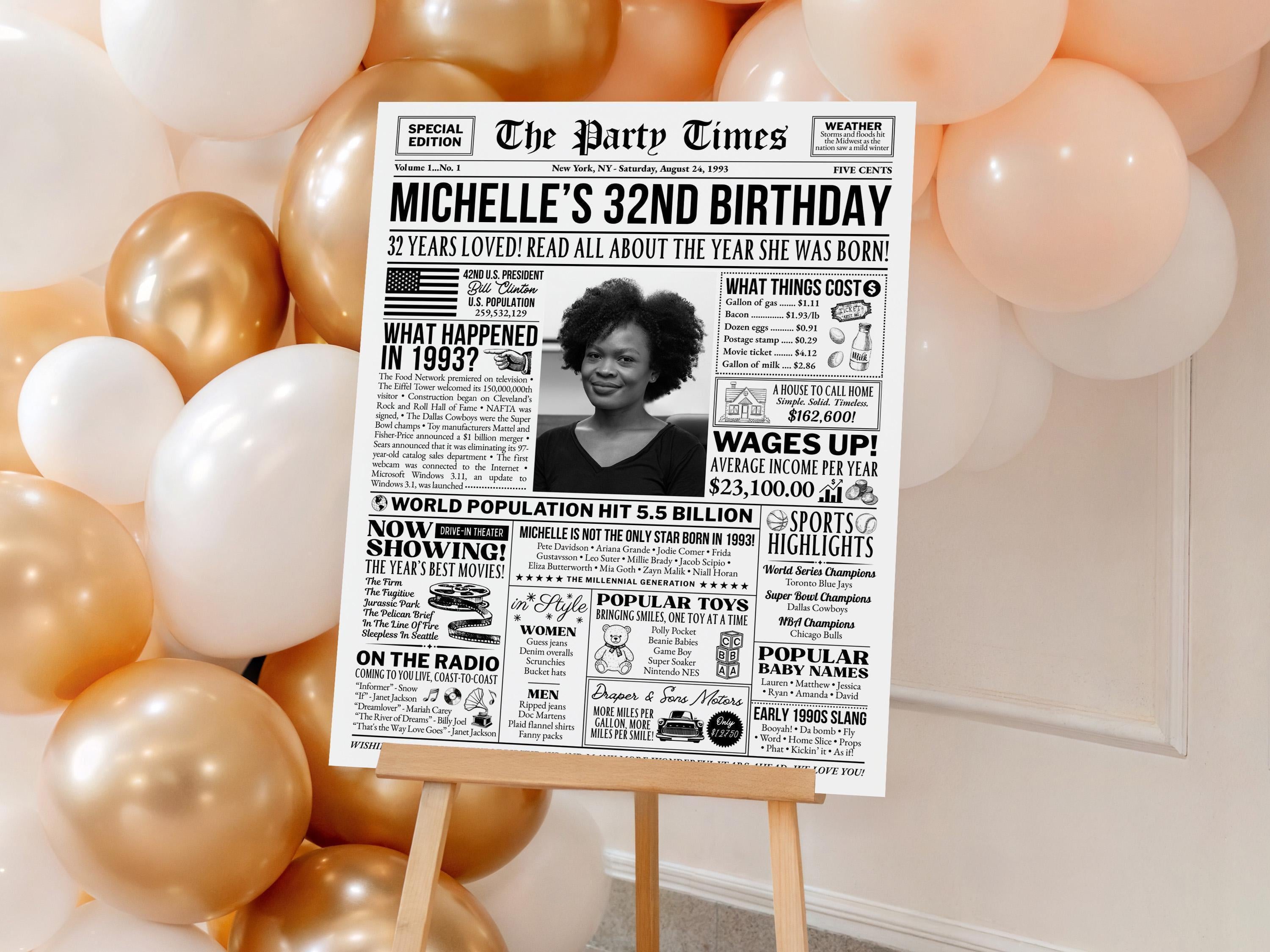 32nd Birthday Newspaper Sign, Back In 1993 Vintage Poster, Personalized Birthday Decor, 1993 Facts Print, Edit With Canva