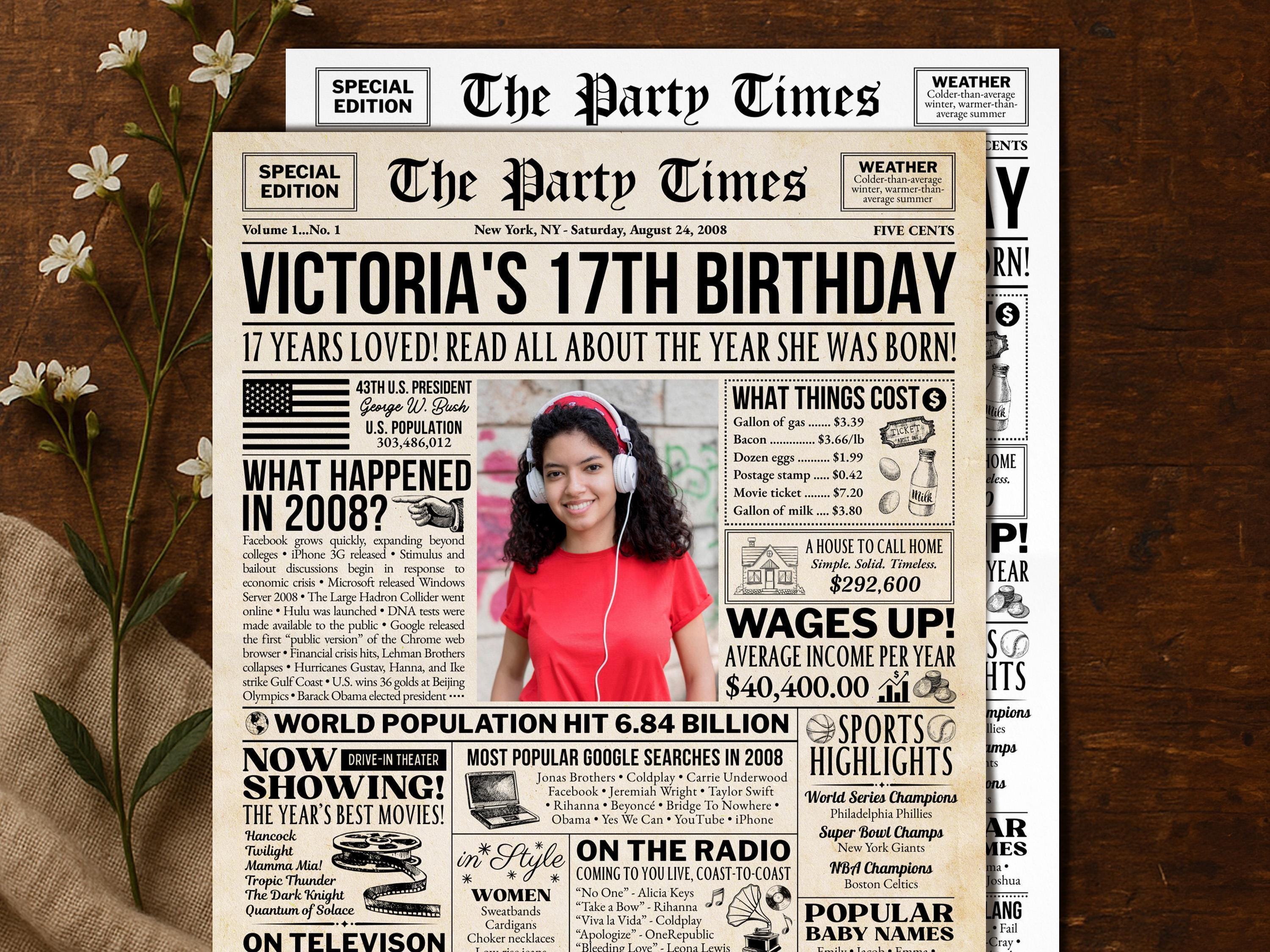 17th Birthday Newspaper Poster Sign, Back in 2008 USA Fun Facts Party Sign, Editable Vintage Style Birthday Decoration, Edit With Canva