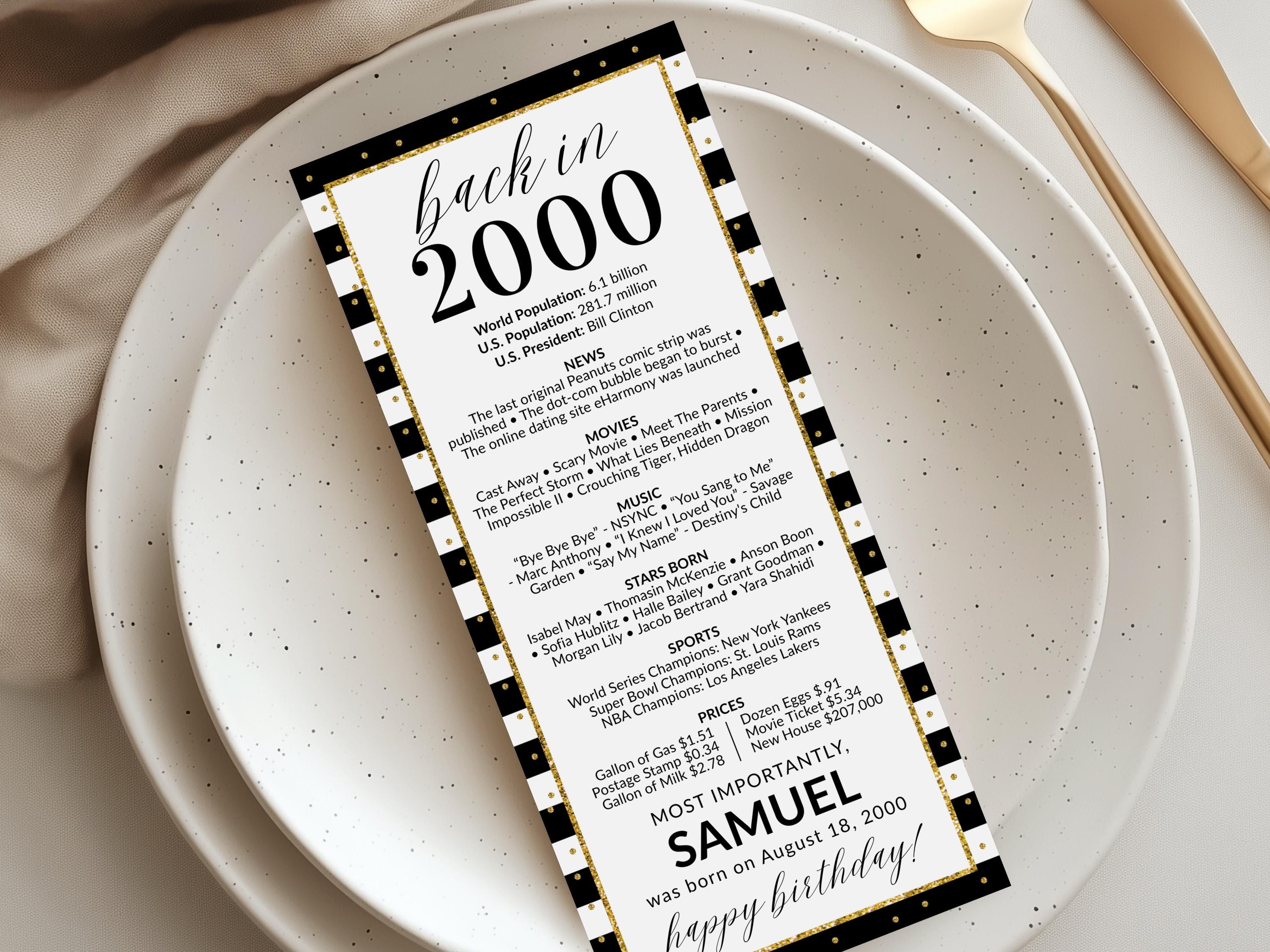 25th Birthday Place Cards, Editable Back In 2000 Party Decorations, 25th Milestone Birthday Trivia Table Cards Printable, Edit With Canva