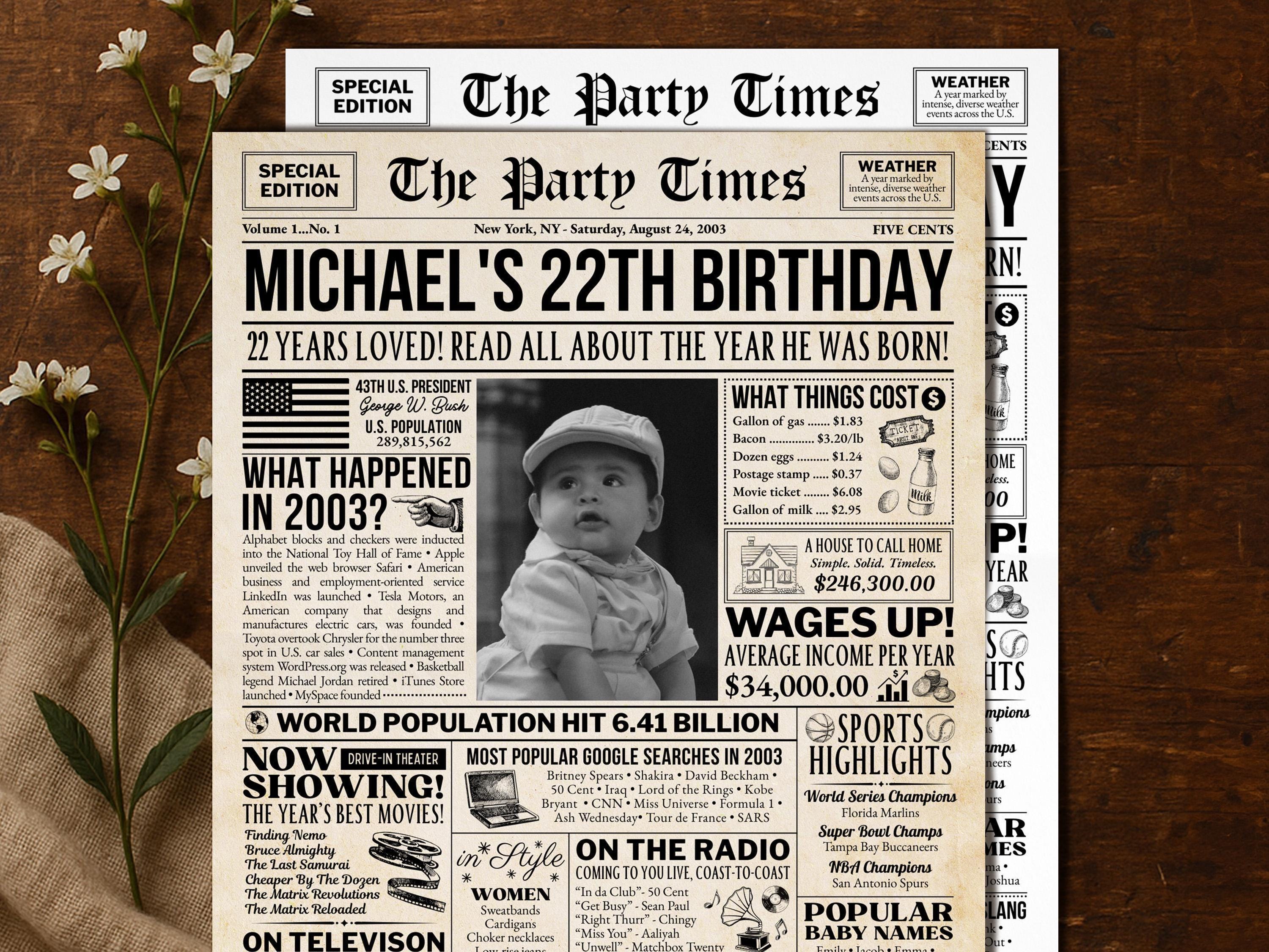 22nd Birthday Newspaper Poster Sign, Back in 2003, Editable USA Fun Facts Party Sign, Custom Year You Were Born Printable, Edit With Canva