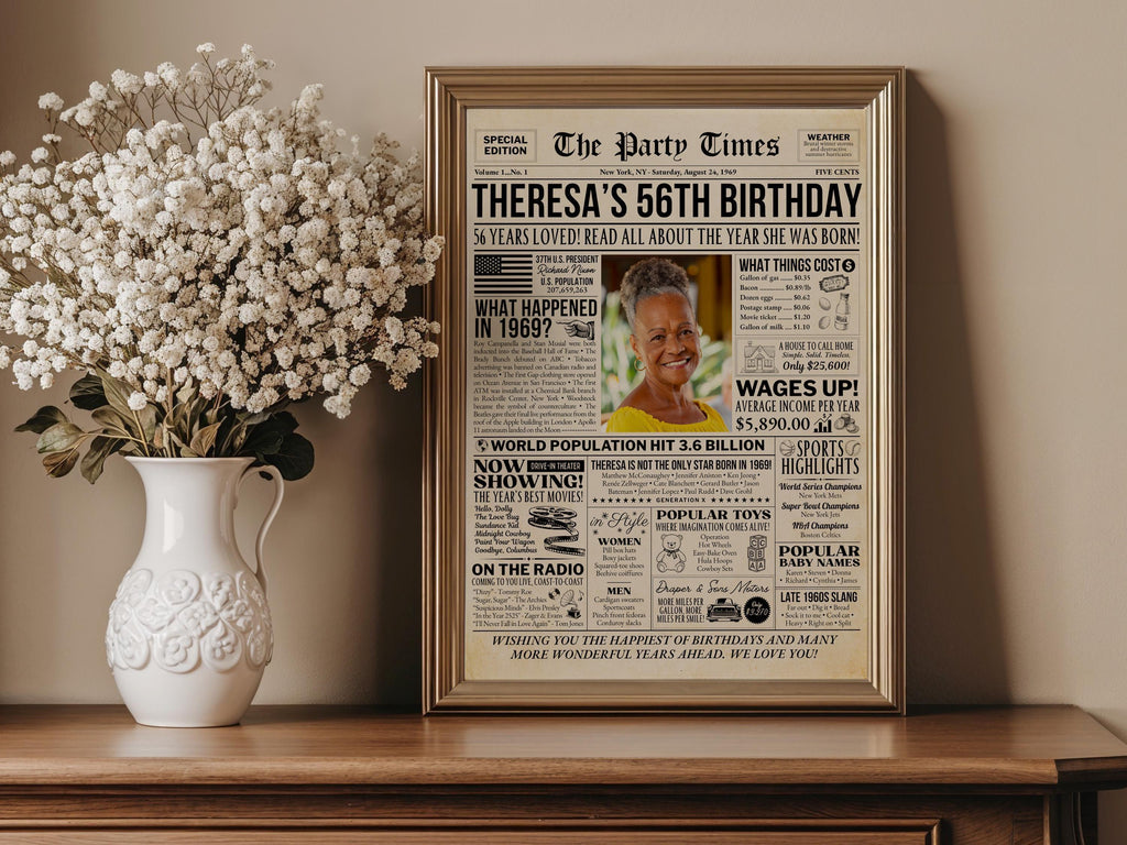 56th Birthday Newspaper Poster Sign, Back in 1969 Birthday Gift For Mom or Dad, Custom Nostalgic Keepsake Printable DIY, Edit With Canva