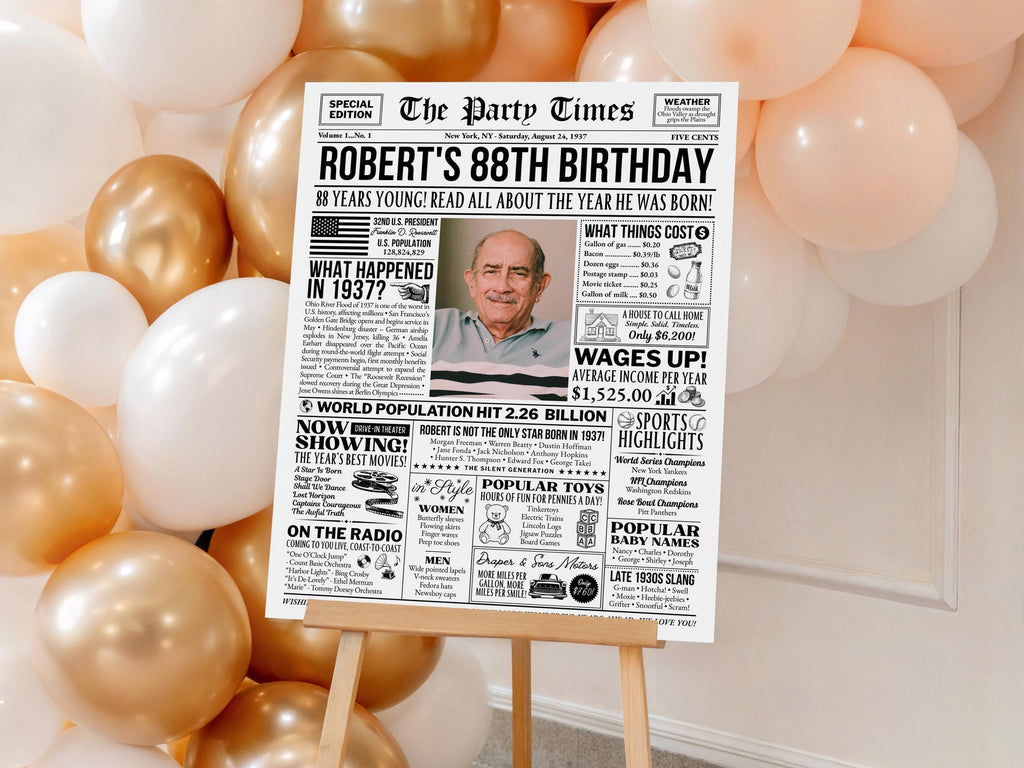 88th Birthday Newspaper Poster Sign, Back In 1937 Birthday Gift For Grandpa, 88 Years Ago Retro Party Decorations Printable, Edit With Canva