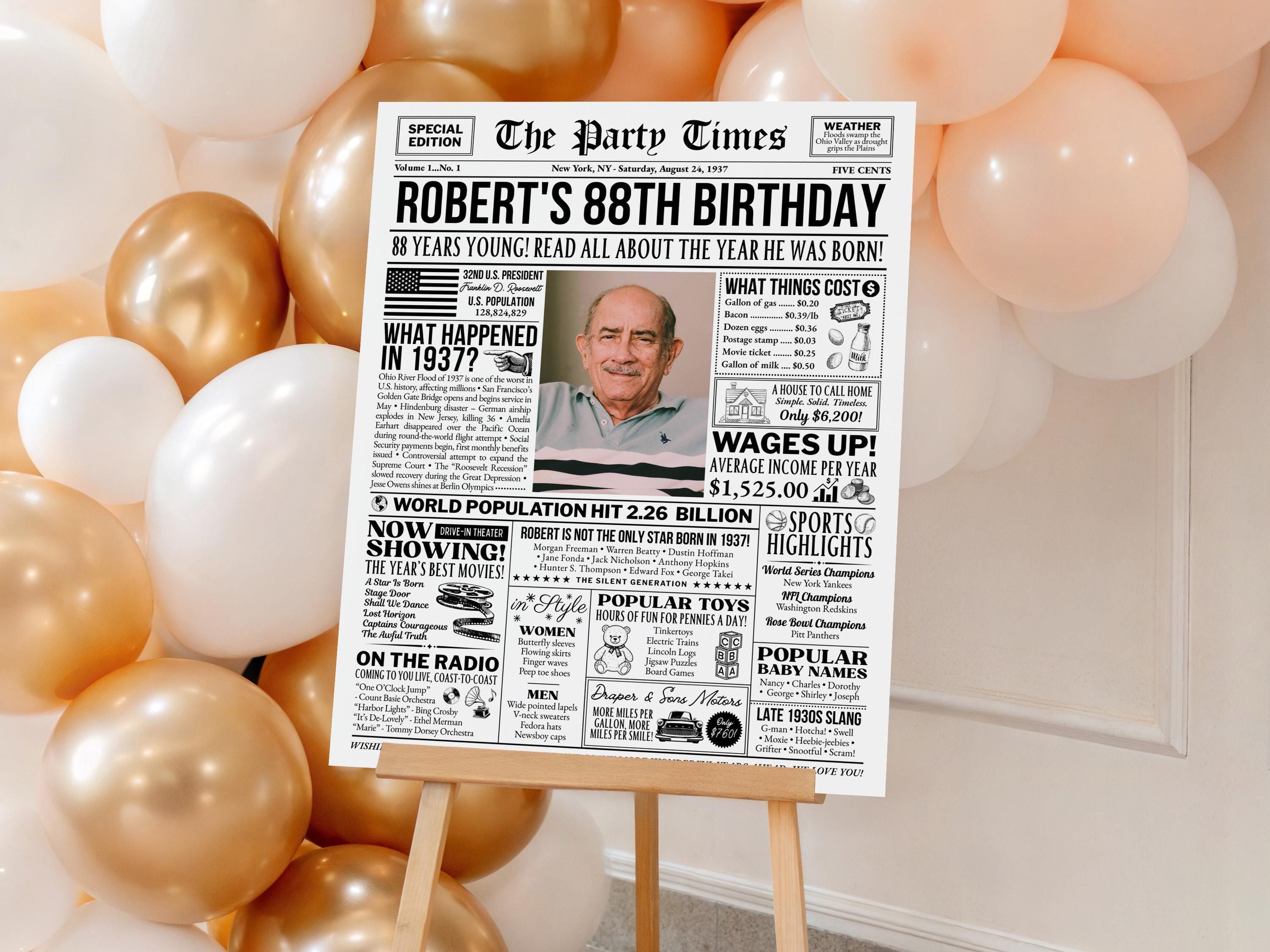 88th Birthday Newspaper Poster Sign, Back In 1937 Birthday Gift For Grandpa, 88 Years Ago Retro Party Decorations Printable, Edit With Canva
