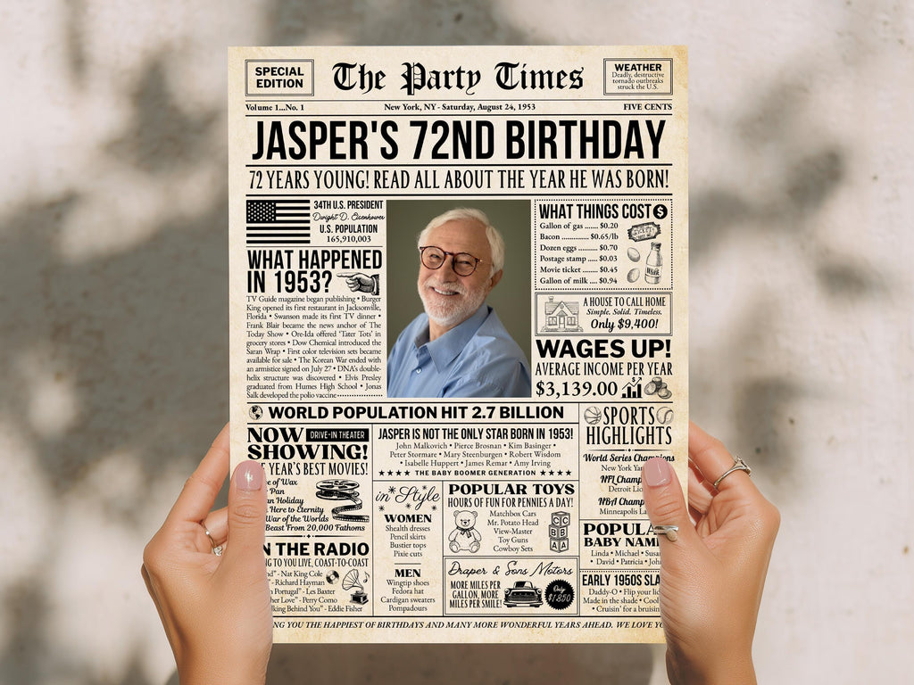 72nd Birthday Newspaper Poster, Back In 1953 Party Welcome Decoration Sign, Editable 72 Years Loved Any Age Printable, Edit With Canva