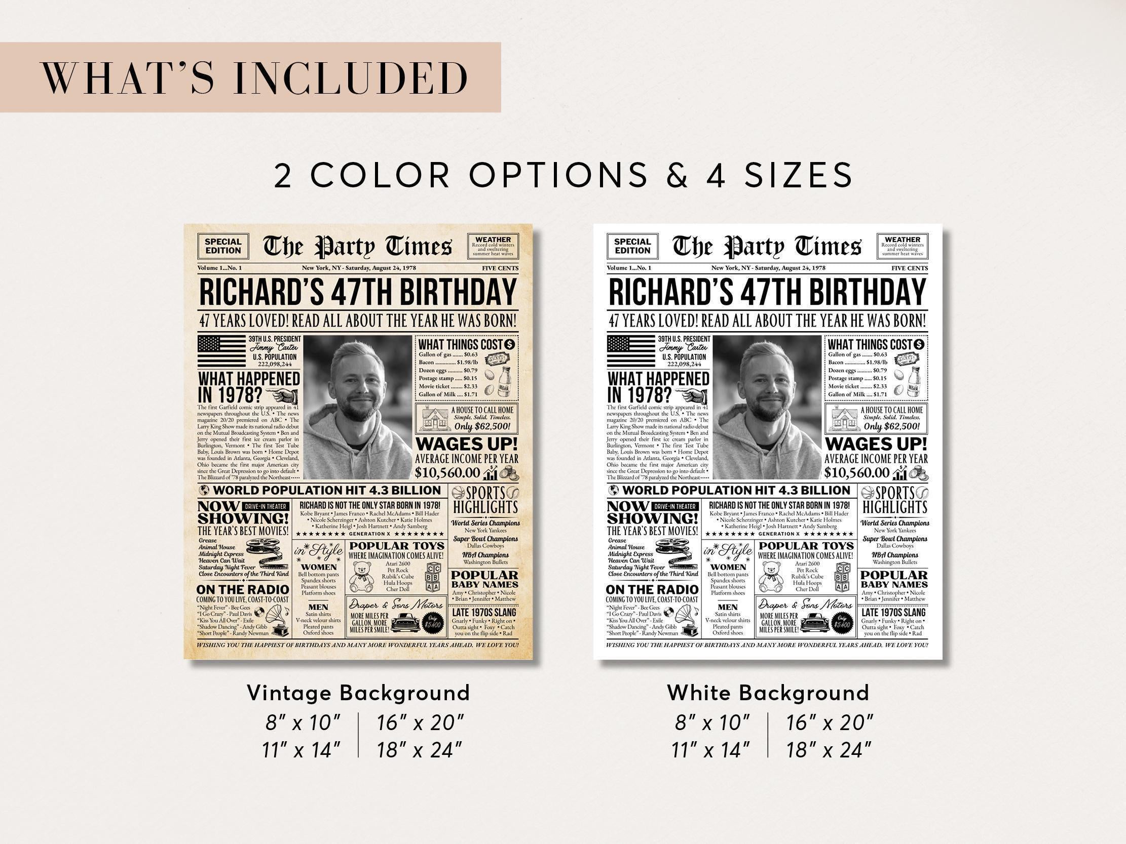 47th Birthday Newspaper Sign, 47 Years Ago Back in 1978 Vintage Poster, Birthday Decoration For Men Or Women Printable, Edit With Canva